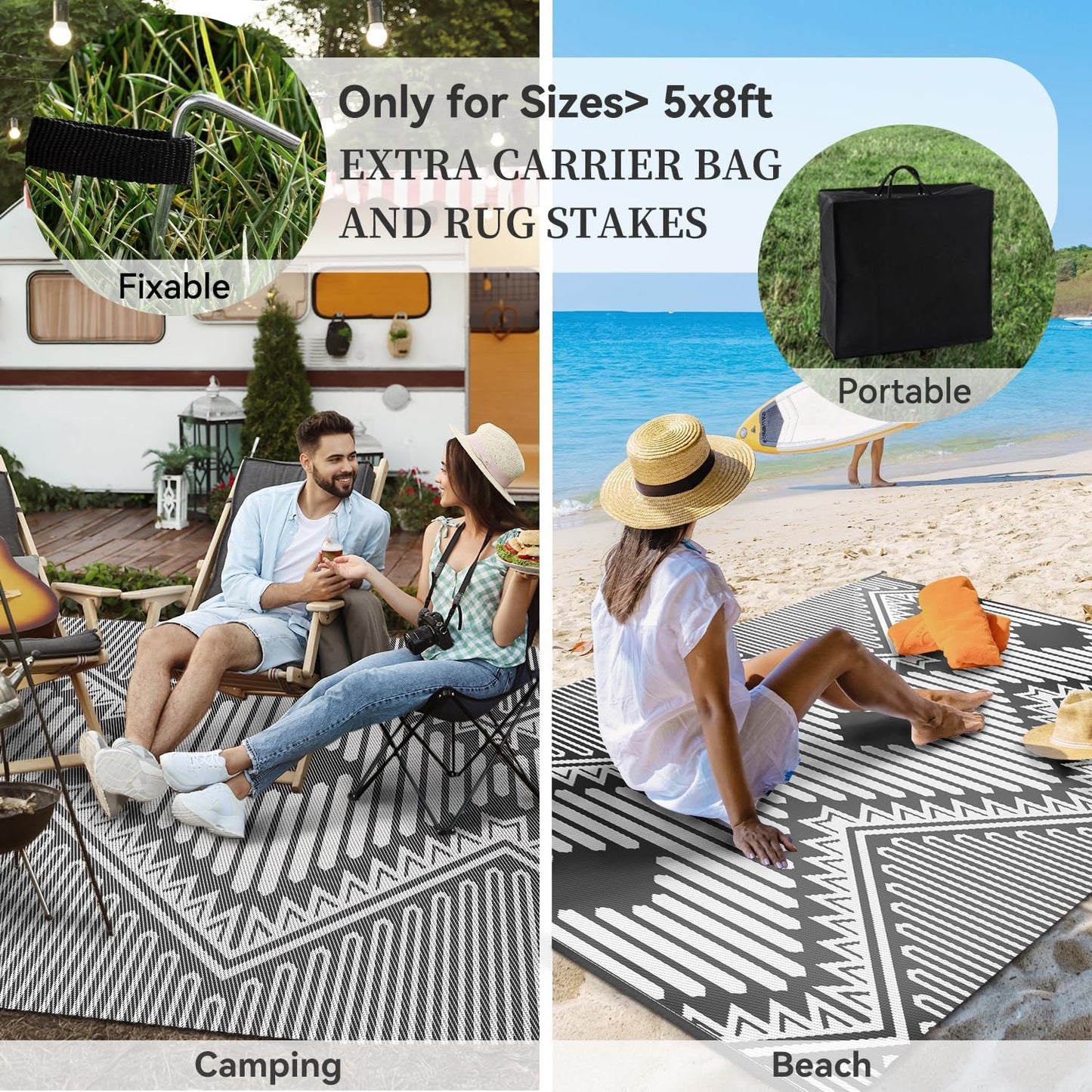 MontVoo Outdoor Rug-Waterproof Patio Rug Mat 5x8 Outdoor Carpet Mat Reversible Plastic Straw Outside Outdoor Rug for RV Camping Picnic Beach Balcony Backyard Pool Deck Porch Modern Boho Grey