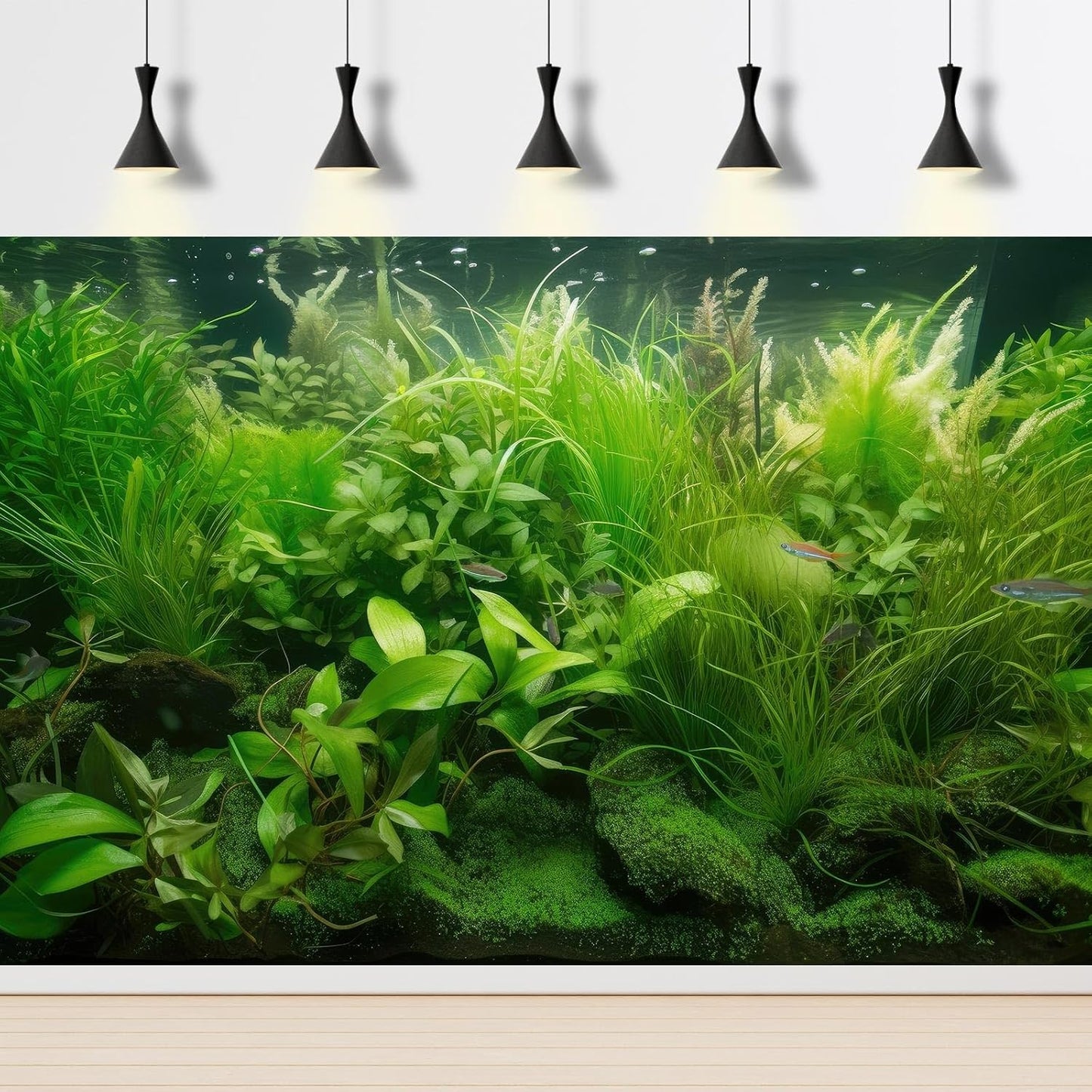 Aquarium Background Diverse Collection of Aquatic Plants Seagrasses Terrarium Background Redwood Root Moss Tropical Style Underwater Lush Green Plants Fish Tank Background Wallpaper Poster 60x24in