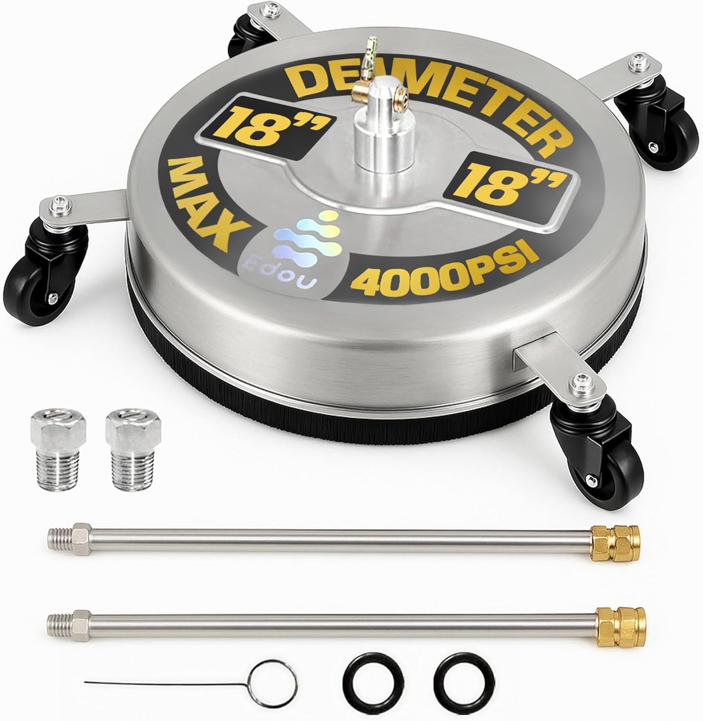 EDOU 18 inch Pressure Washer Surface Cleaner - Stainless Steel Power Washer Attachment - 4,000 PSI Max - Concrete Cleaner with Dual Nozzles and Extension Wands - Silver