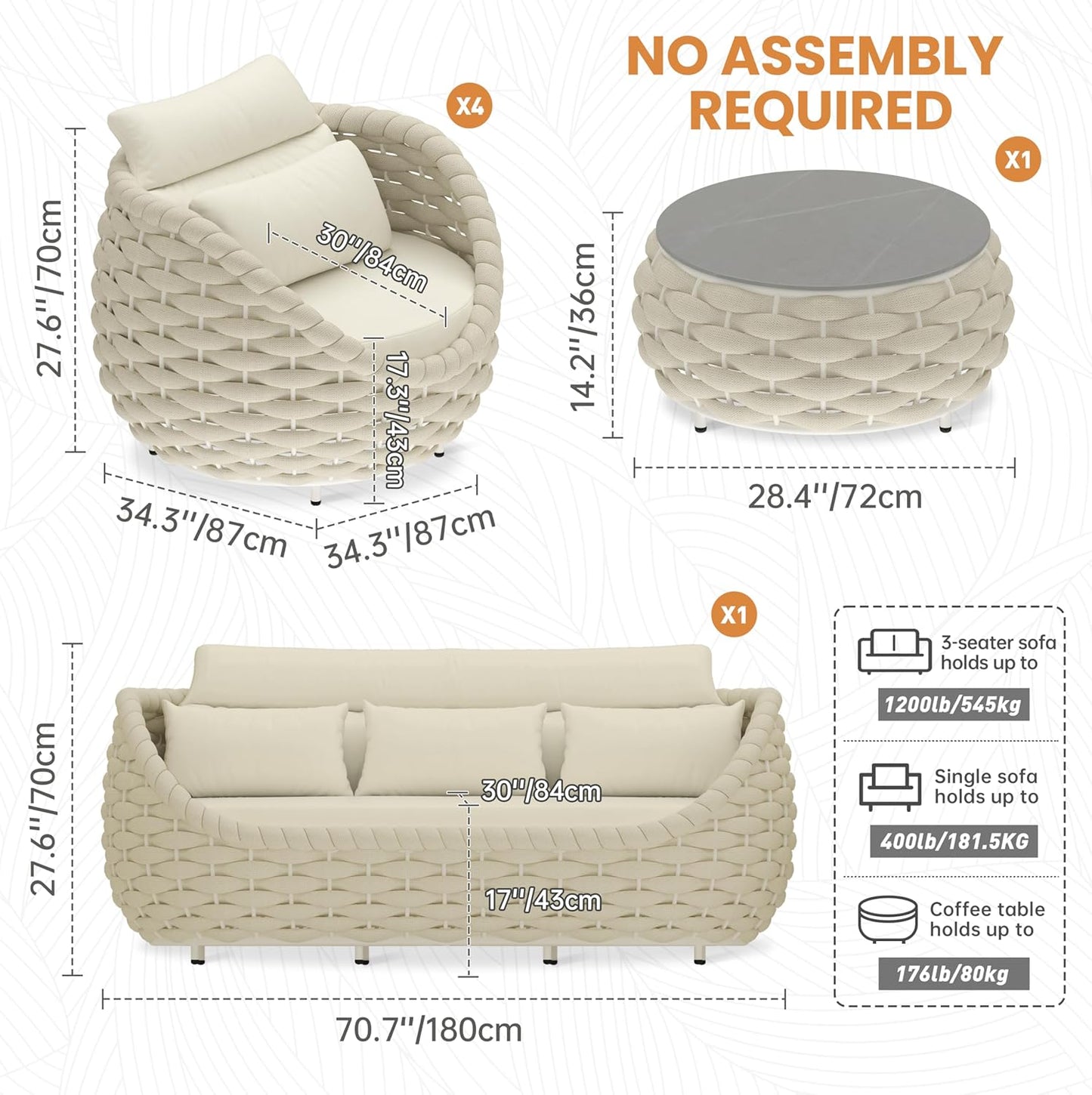 Woven Rope Outdoor Sofa Set: 6 Pieces Aluminum Patio Conversation Set Assembled - All Weather Cushioned Porch Furniture Couch - Modern Metal Lounge Set for Deck Yard Resort Hotel Sunroom, Beige