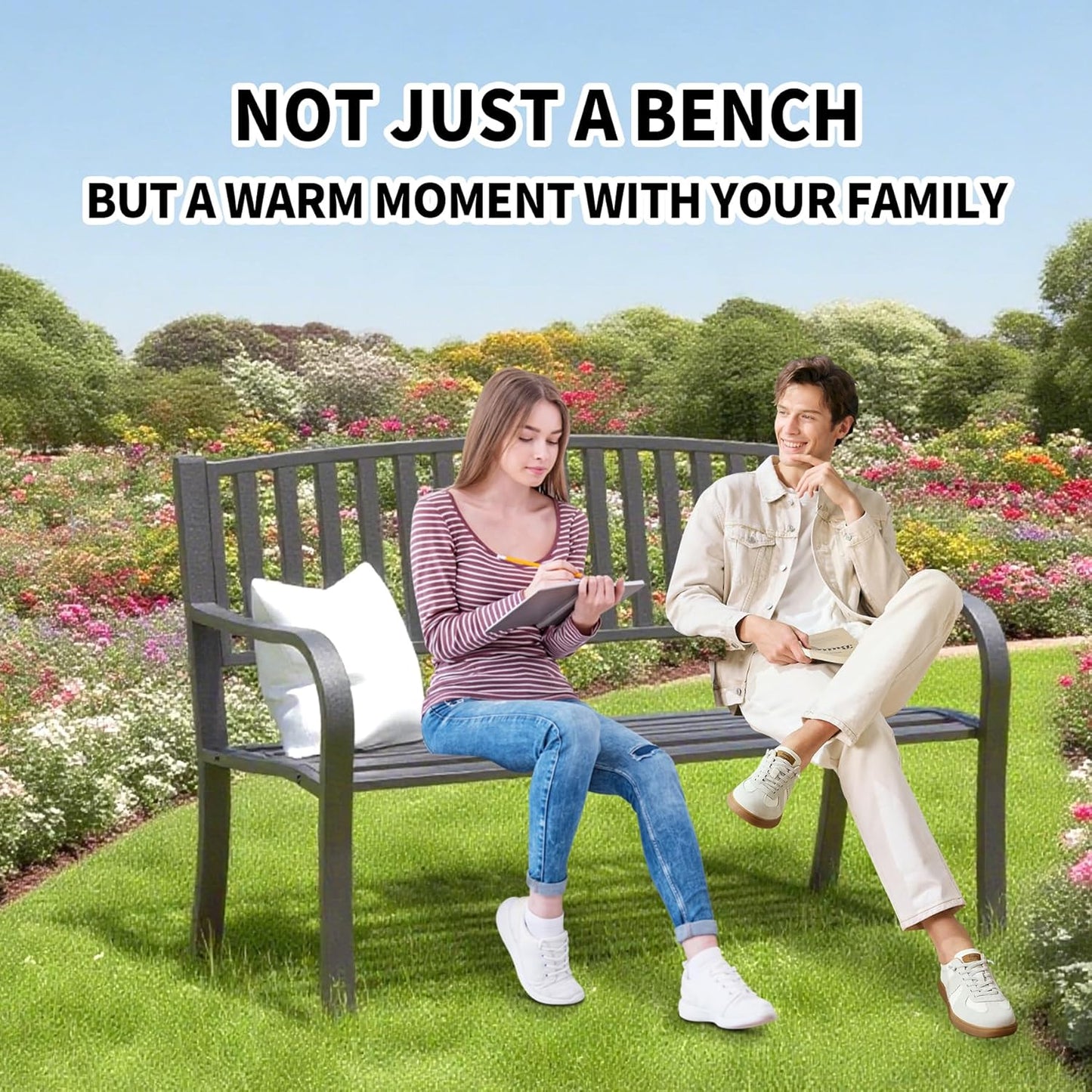 YLGJ&TIDY 50" Outdoor Bench, Metal Garden Bench, Patio Park Bench with Backrest & Armrests, Rust-Resistant, Perfect for Gardens, Parks, Porch, Lawn and Yard (BENCH08)