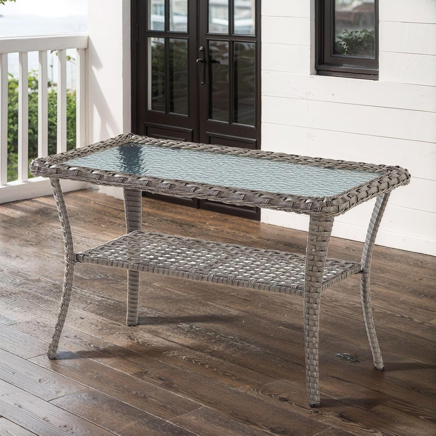 38 Inch Outdoor Coffee Table with 2 Tier Storage - Wicker Coffee Table with Water Ripple Texture Tempered Glass Top, All Weather Patio Coffee Table for Deck Porch Balcony Garden Gray