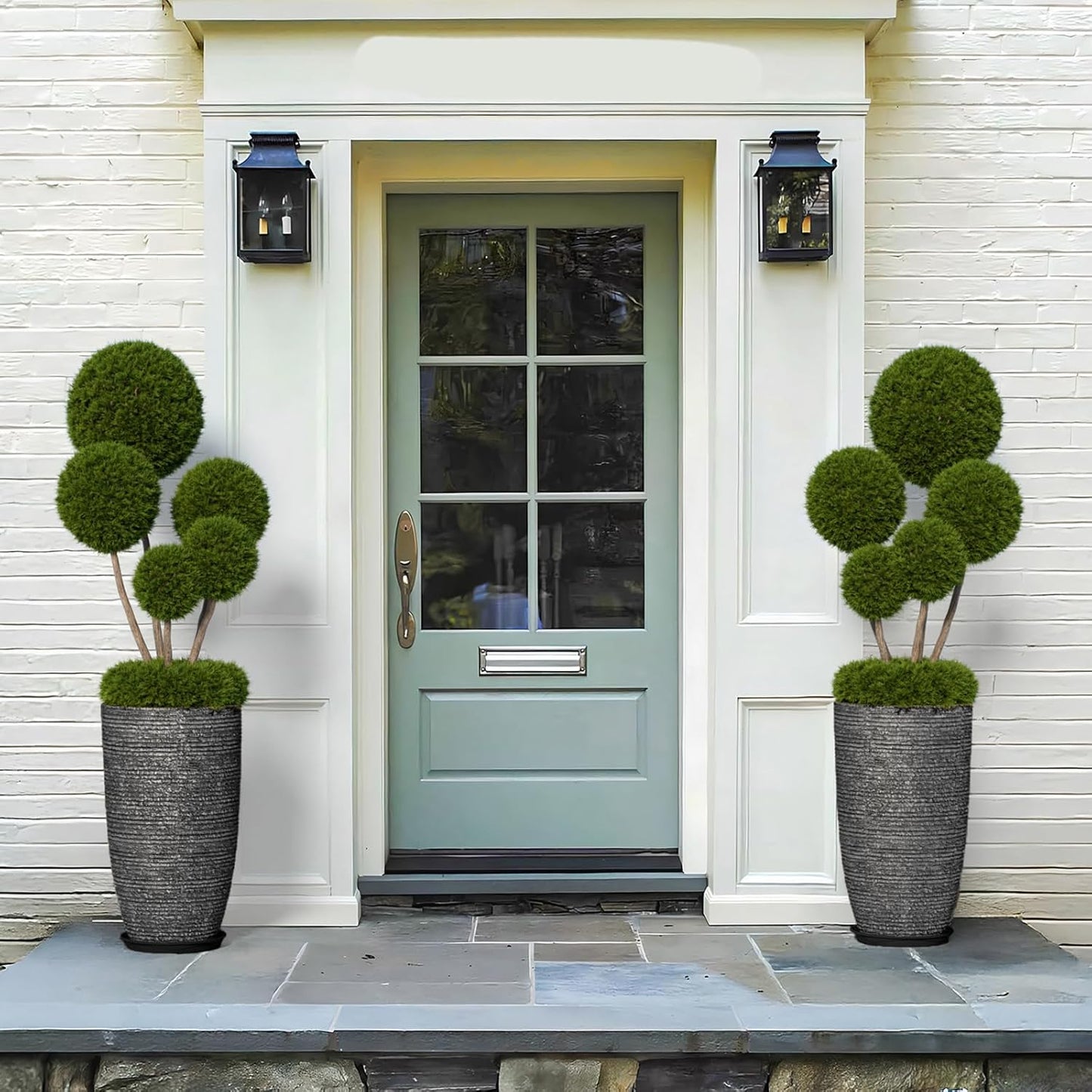 QCQHDU Large Tall Dark Gray Planters Set of 2-9 Gallon 12" Round Outdoor Planters for Front Door & Patio, Faux Stone Indoor Plant Pots with Tray, Porch Decor Plant Containers