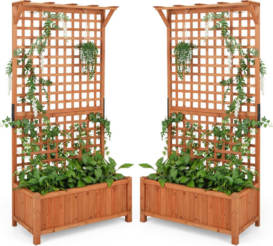 HAPPYGRILL Raised Garden Bed with Trellis, 72.5" Planter Raised Bed with Drainage Holes, Freestanding Garden Box for Vine Climbing Plants, Wooden Planter Box for Yard Balcony (2, Orange)