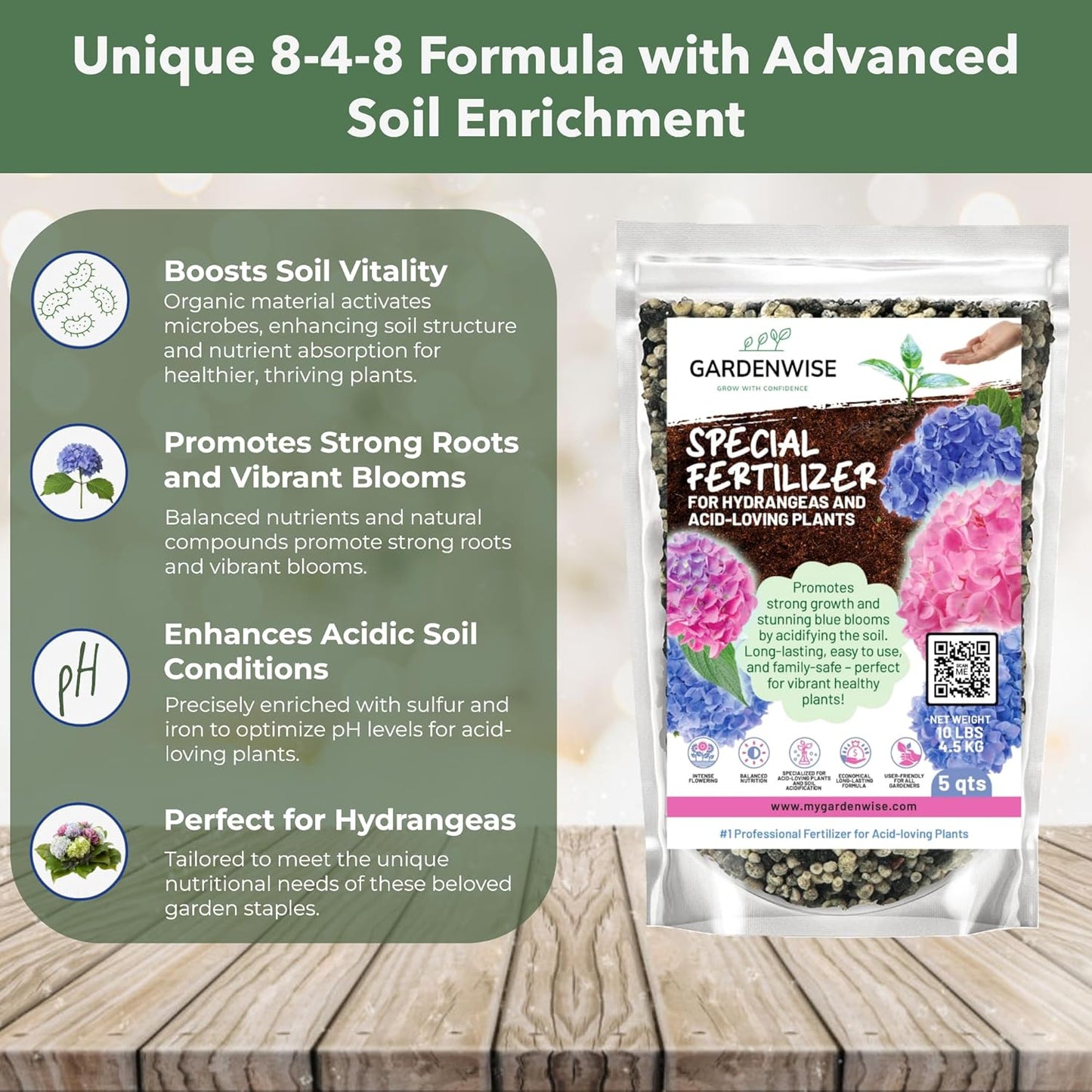 Slow Release Hydrangea Fertilizer with Iron & Sulfur – Indoor & Outdoor Soil Acidifier for Miracle Growth (1 qt)