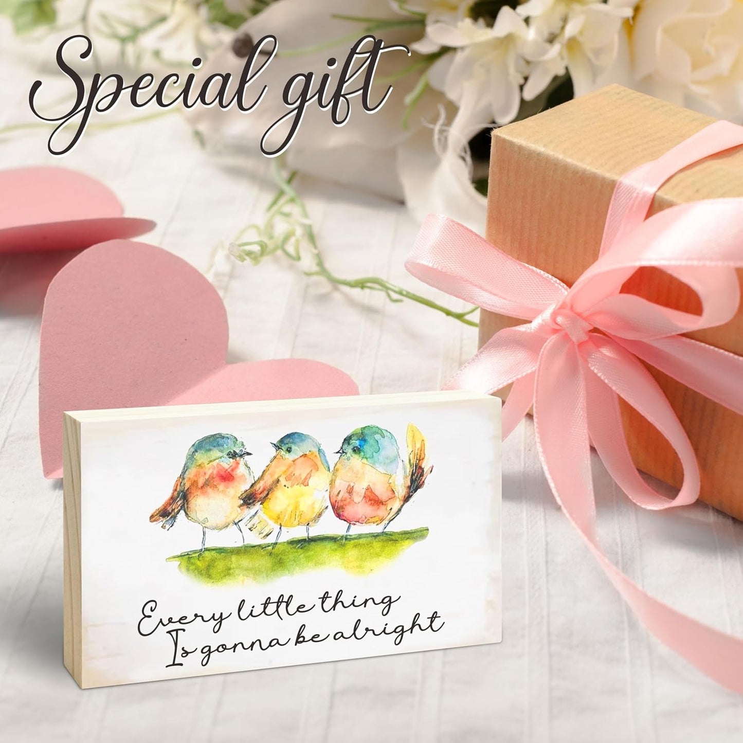 Rustic Pine Wood Block Sign - Every Little Thing Is Gonna Be Alright - Watercolor Birds, Positive Wooden Plaque For Desk Top, Shelf, Gift For Friends, Home & Office Decorations(4 X 6 Inches) - D10