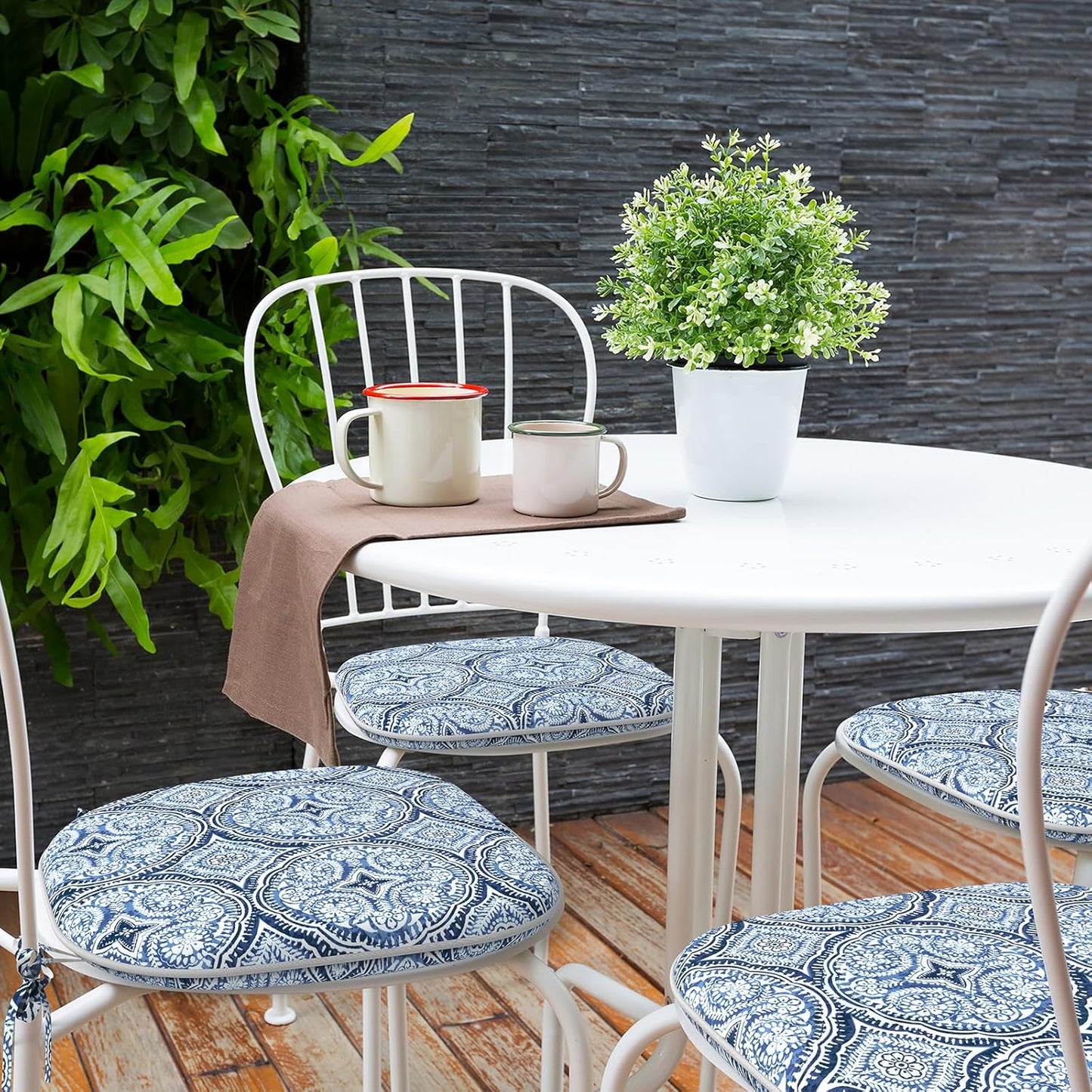 Indoor/Outdoor Chair Cushions 16x17 Inch, Patio Chair Cushions with Ties, All Weather Seat Cushions for Patio Furniture Home Garden Chair Use, Set of 2,Medallion Blue