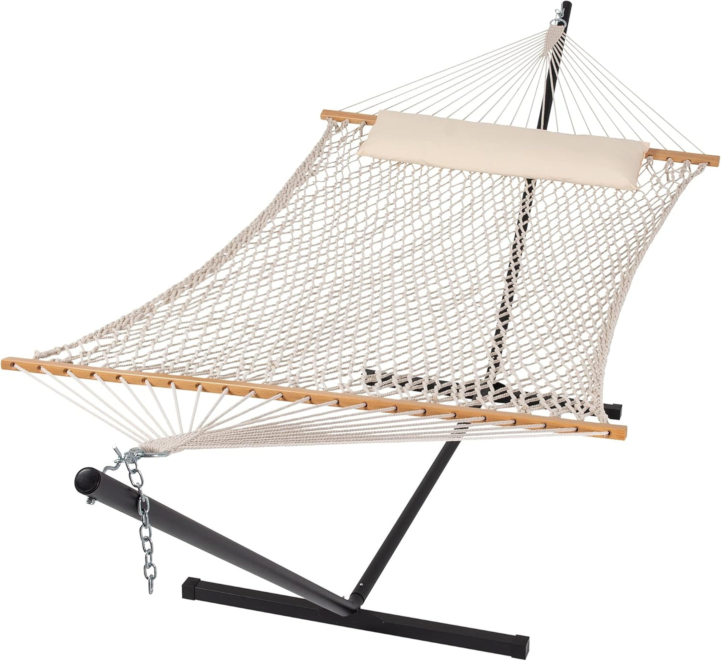 SUNCREAT Double Outdoor Hammock with Stand Included, Portable Cotton Rope 2 Person Hammock for Outdoor, Patio, Garden, Backyard, Beige