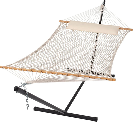 SUNCREAT Double Outdoor Hammock with Stand Included, Portable Cotton Rope 2 Person Hammock for Outdoor, Patio, Garden, Backyard, Beige