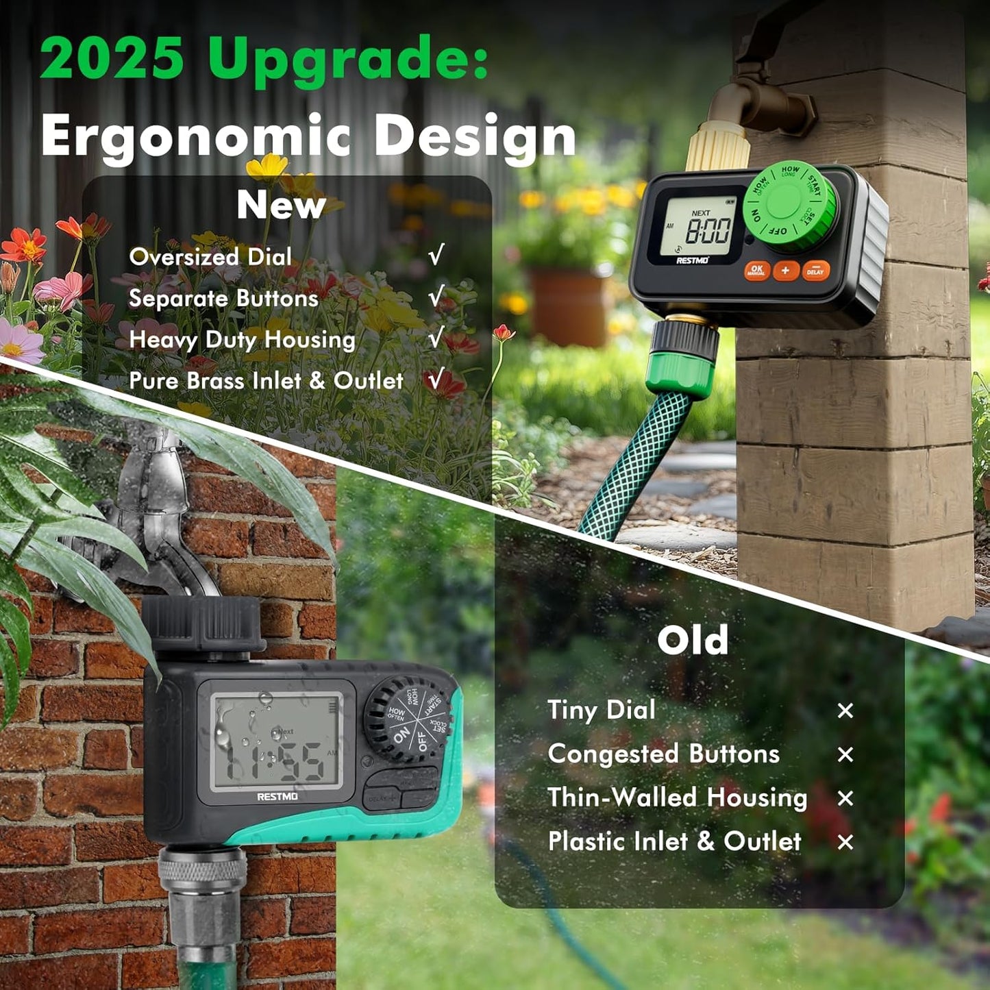 RESTMO RF Remote Controlled Sprinkler Timer with Brass Inlet & Outlet, Programmable Water Timer for Garden Hose, Automatic | Manual | Rain Delay for Outdoor Faucet, Drip Irrigation and Lawn Watering