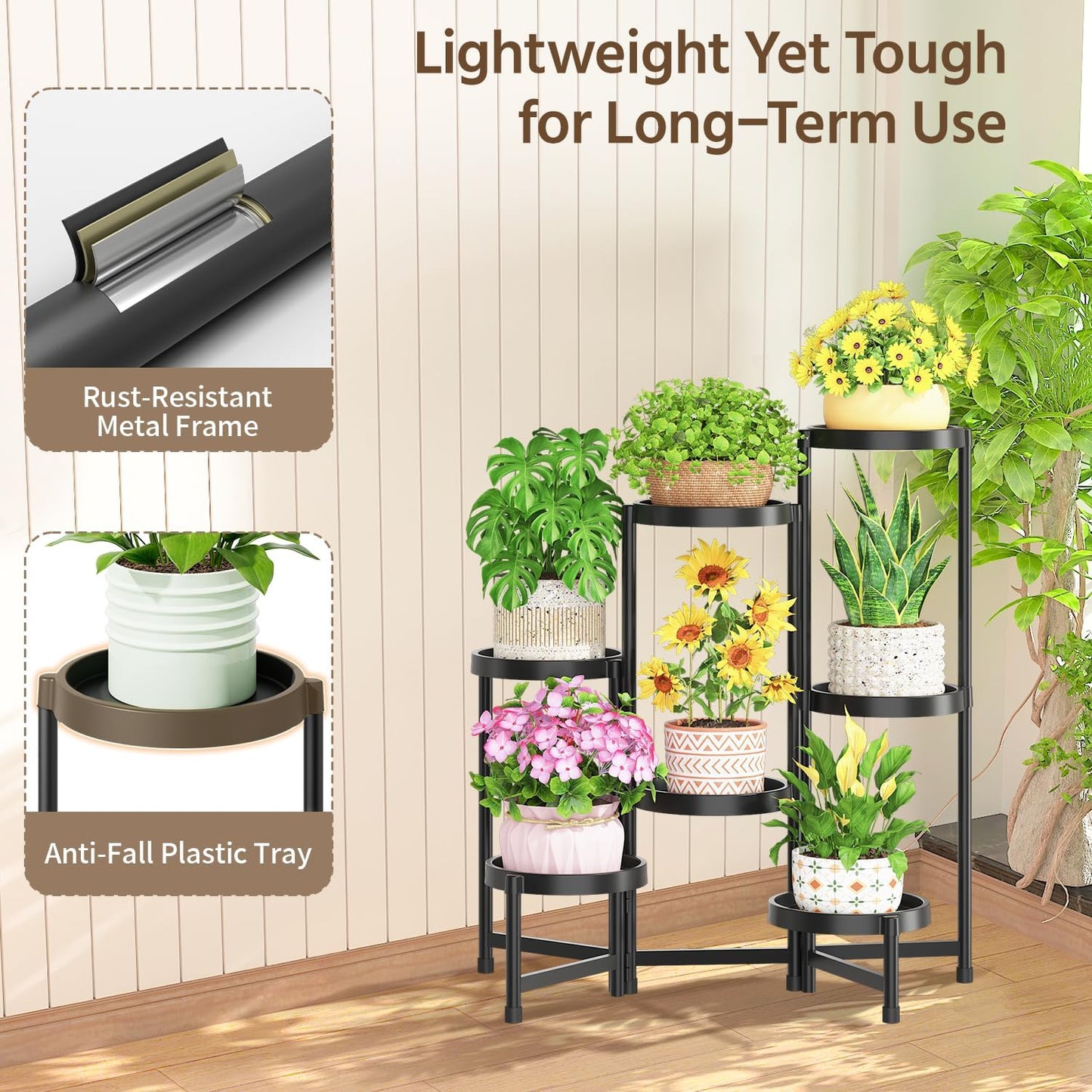 LASZOLA 7 Tiered Folding Plant Stand Indoor for Multiple Large Planter, Tall Heavy Duty Adjustable Rack with Rust Proof Plastic Shelving, Sturdy Vertical Tree Organizer for Narrow Inside Floor, Black