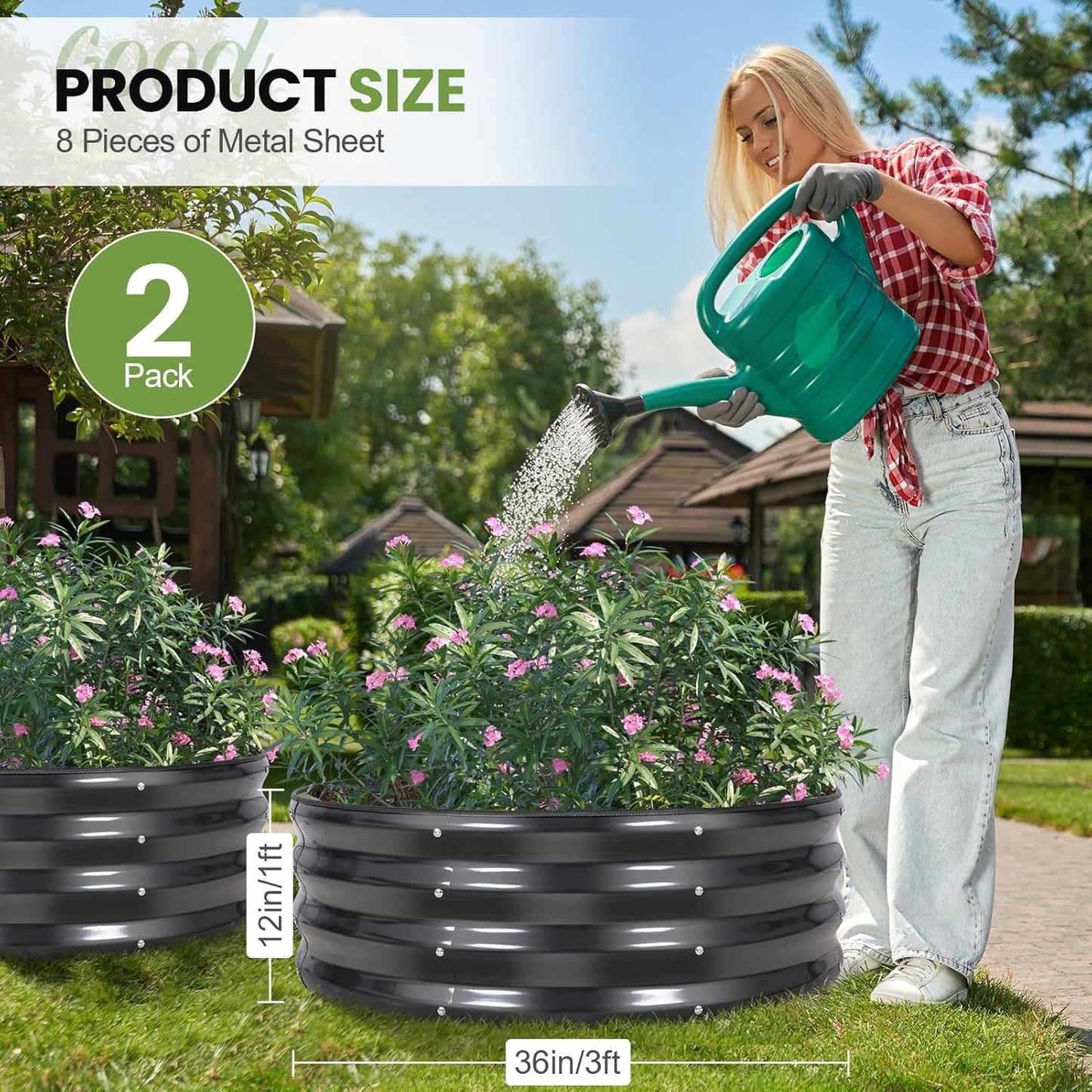 G GOOD GAIN Round Raised Garden Bed - 2Pcs 3x3x1ft Galvanized Steel Planter Boxes Outdoor with Rubber Edge Trim | Metal Raised Beds for Gardening Vegetables Flowers Fruits Herbs (Dark Grey)