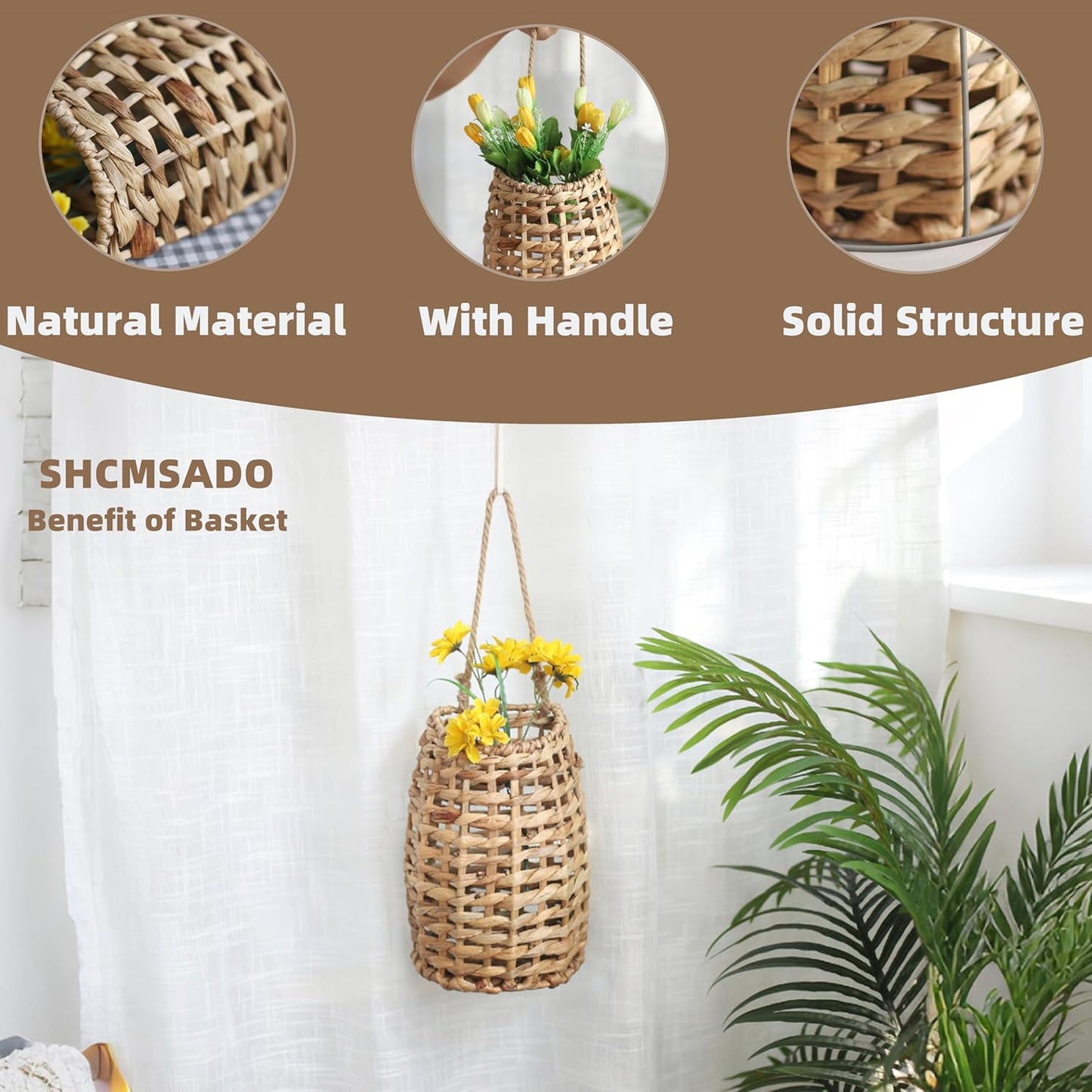 Woven Water Hyacinth Hanging Basket Door Hanging Basket Wall for Home Garden Farmhouse (Water Hyacinth)