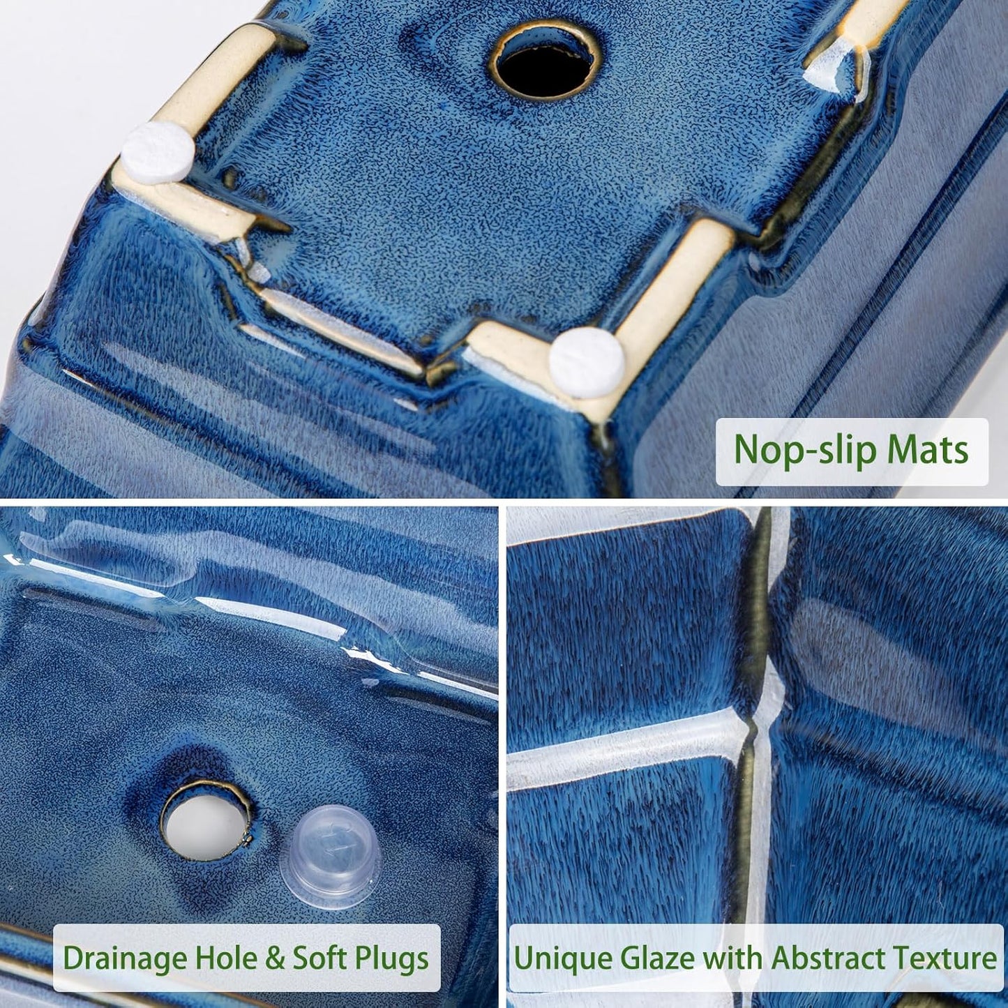 Large Ceramic Bonsai Pots with Drainage Trays Set of 2, 10" Blue Glazed Bonsai Planters for Indoor/Outdoor Use, Rectangular Shallow Bonzai Tree Pot for Succulent, Orchids, Cacti, Home, Patio, Garden