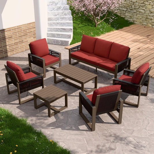 EAGLE PEAK Natural Wood Outdoor Patio Furniture, Cedar Furniture, Conversation Set, Outdoor Seating for Deck Patio Porch, Sofa 4 Chairs Coffee Table & Side Table, 7 Pieces, Brown/Red