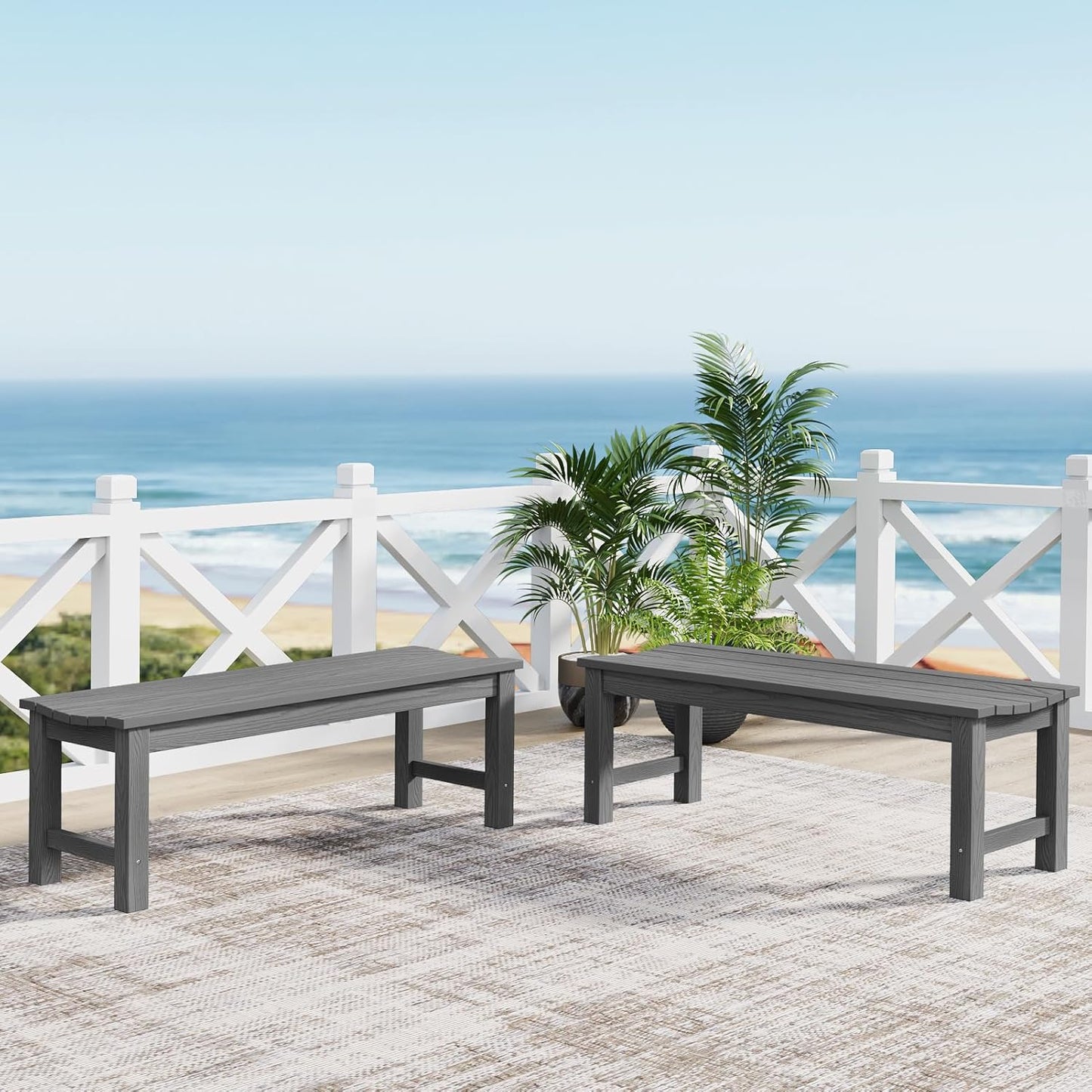 Outdoor Bench Set of 2, 2-Person Patio Backless Benches, HIPS Weatherproof Garden Bench That Never Rot and Fade, Suit for Backyard, Church, Patio, Deck and Entryway (Grey)