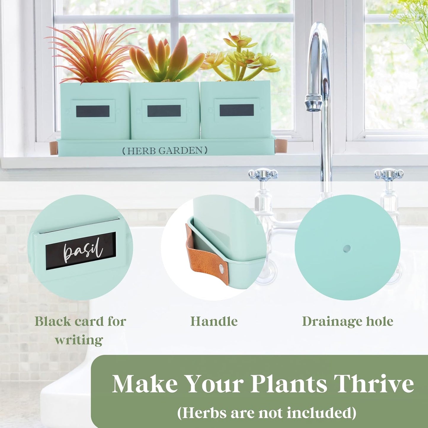 PERFNIQUE Indoor Herb Garden, Herb Planter Set with Tray, Farmhouse Indoor Plant Pots, Windowsill Herb Garden with Drainage(Planter only) for Indoor/Outdoor, Window Pots (Mint)