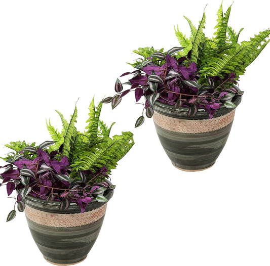 Sunnydaze Purlieu 12-Inch Outdoor/Indoor Ceramic Planters - Set of 2 -Tempest
