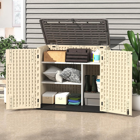 30 Cu.Ft Outdoor Storage Shed, Multi-Purpose Weather-Resistant Utility Shed for Garbage Cans, Lawn Mower, Garden Tools, Waterproof Resin Horizontal Cabinet with Pad-Lockable Doors (Khaki)