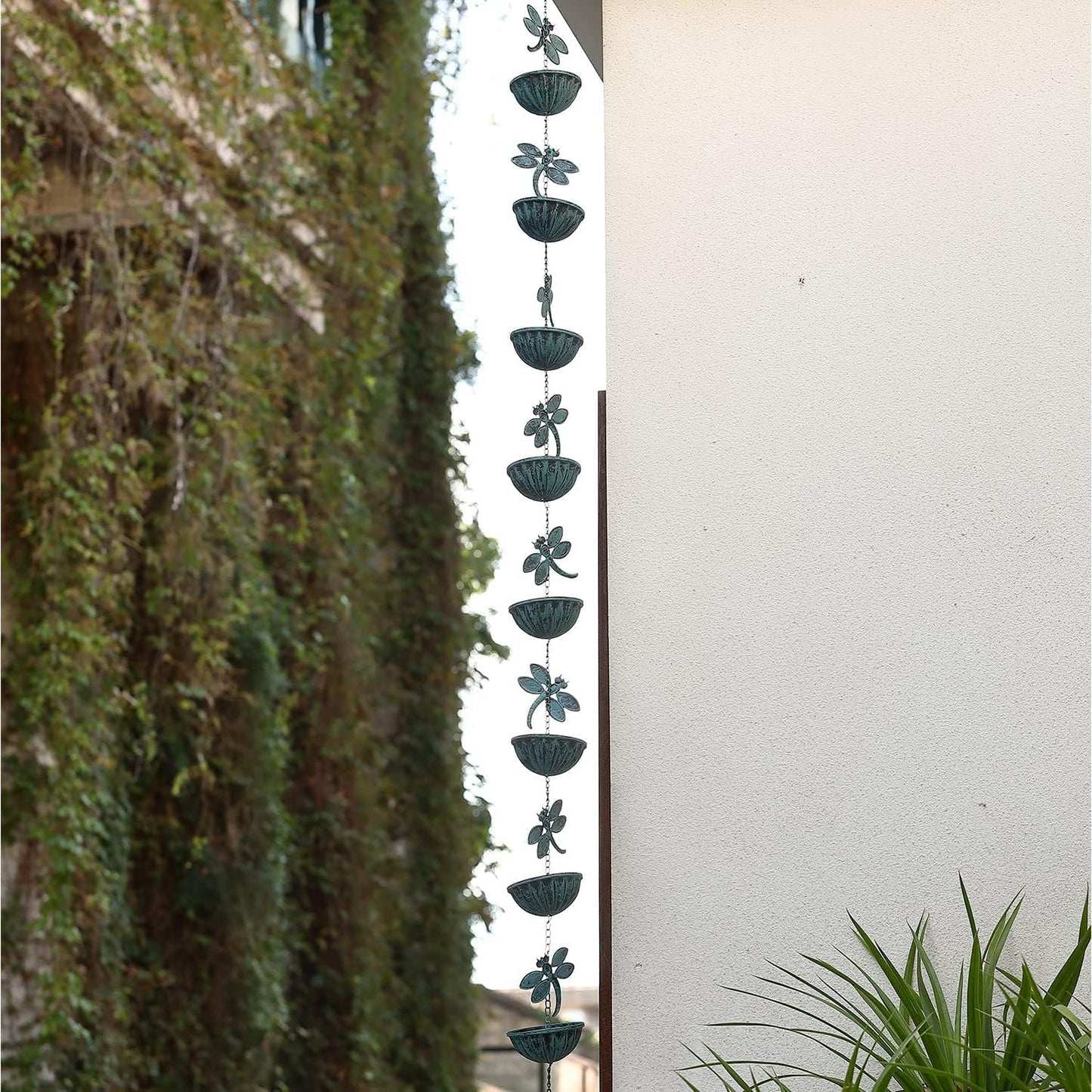 Iron Dragonfly & Cups Rain Chains, 12 Ft Replacement Downspout for Gutters, Antique Blue