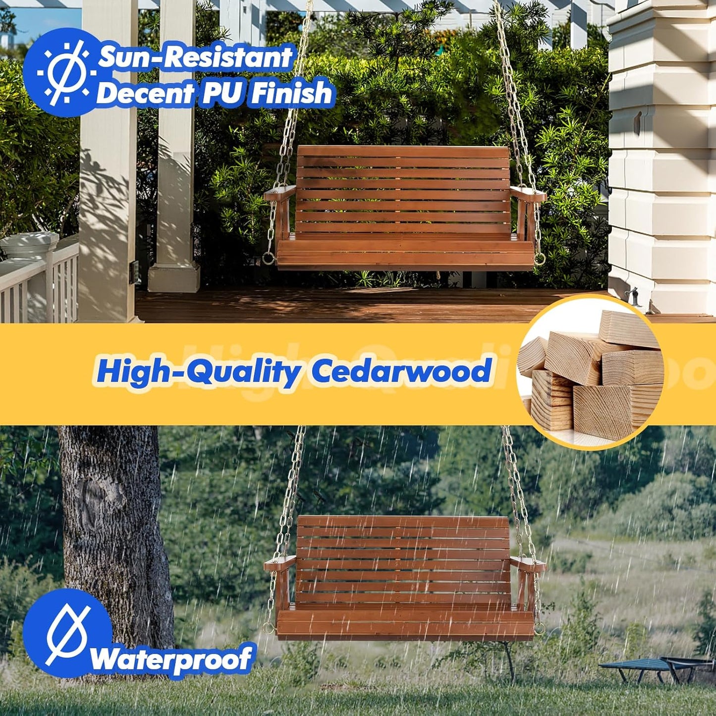 VINGLI Upgraded Patio Wooden Porch Swing for Courtyard & Garden, Heavy Duty 880 LBS Swing Chair Bench with Hanging Chains for Outdoors (Brown, 4 FT)