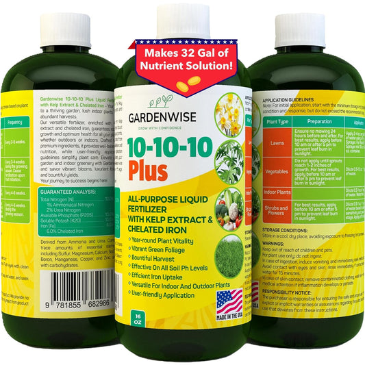 10-10-10 All Purpose Plant Food - Liquid Fertilizer with Seaweed Kelp & Iron - Indoor & Outdoor Plant Food, Vegetables, Flowers, Lawn & Garden 1x16 oz