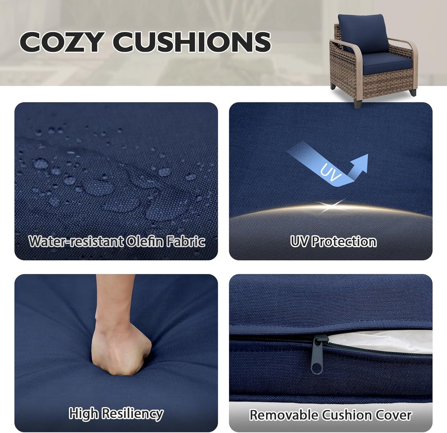 EAGLE PEAK Modern Wicker Outdoor Chair, Patio Chair Curved Armrest, Rattan Patio Furniture for Yard Deck Porch Garden, 2 Chairs, Brown/Blue