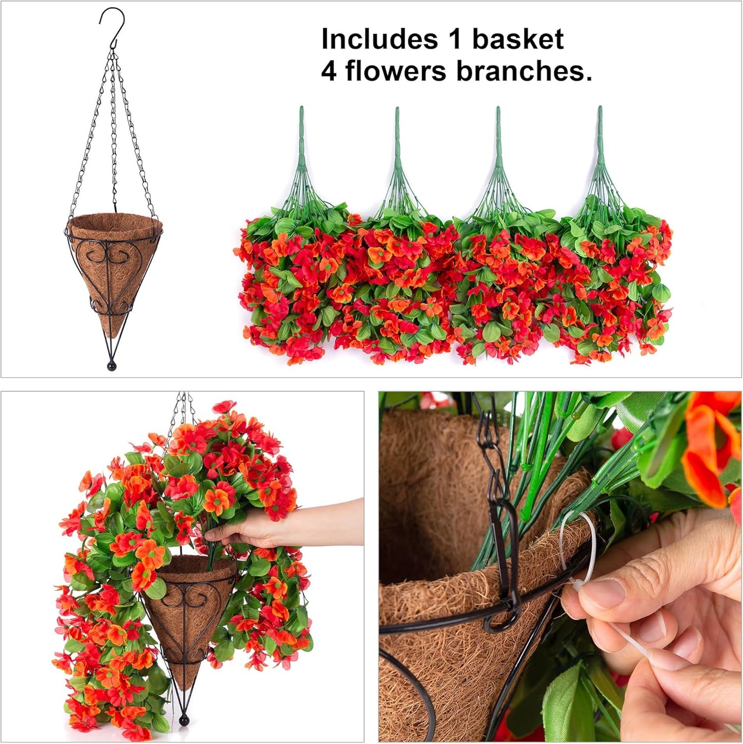 Artificial Hanging Flowers in 12 inch Basket, Fake Fall Plant Silk Orchid Flower Arrangement with Hanging Basket Daisy Planter for Patio Garden Porch Deck Summer Autumn Yard Decoration(Red Orange)