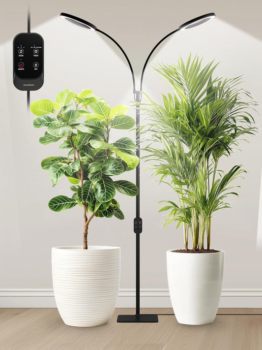 GLOWRIUM Grow Lights for Indoor Plants,Plant Light with 3/9/12/16H Grow Light Timer,2-Head 48W Full Spectrum LED Grow Light, 3 Lighting Mode and Stepless Dimming (Black, 48W)