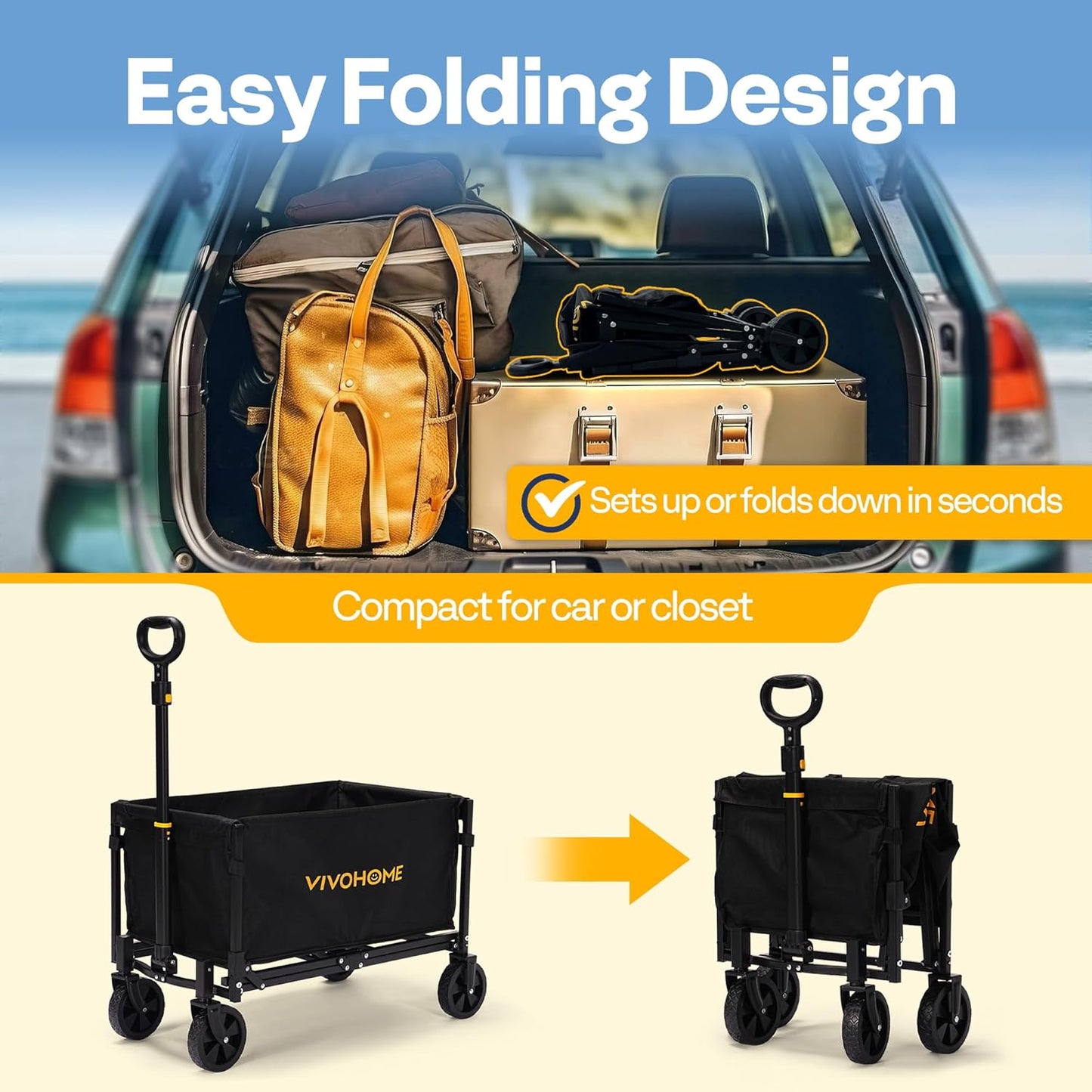 VIVOHOME Collapsible Wagon Cart Lightweight Portable Folding Utility Wagons with All-Terrain Wheels for Grocery Sports Garden Shopping Camping