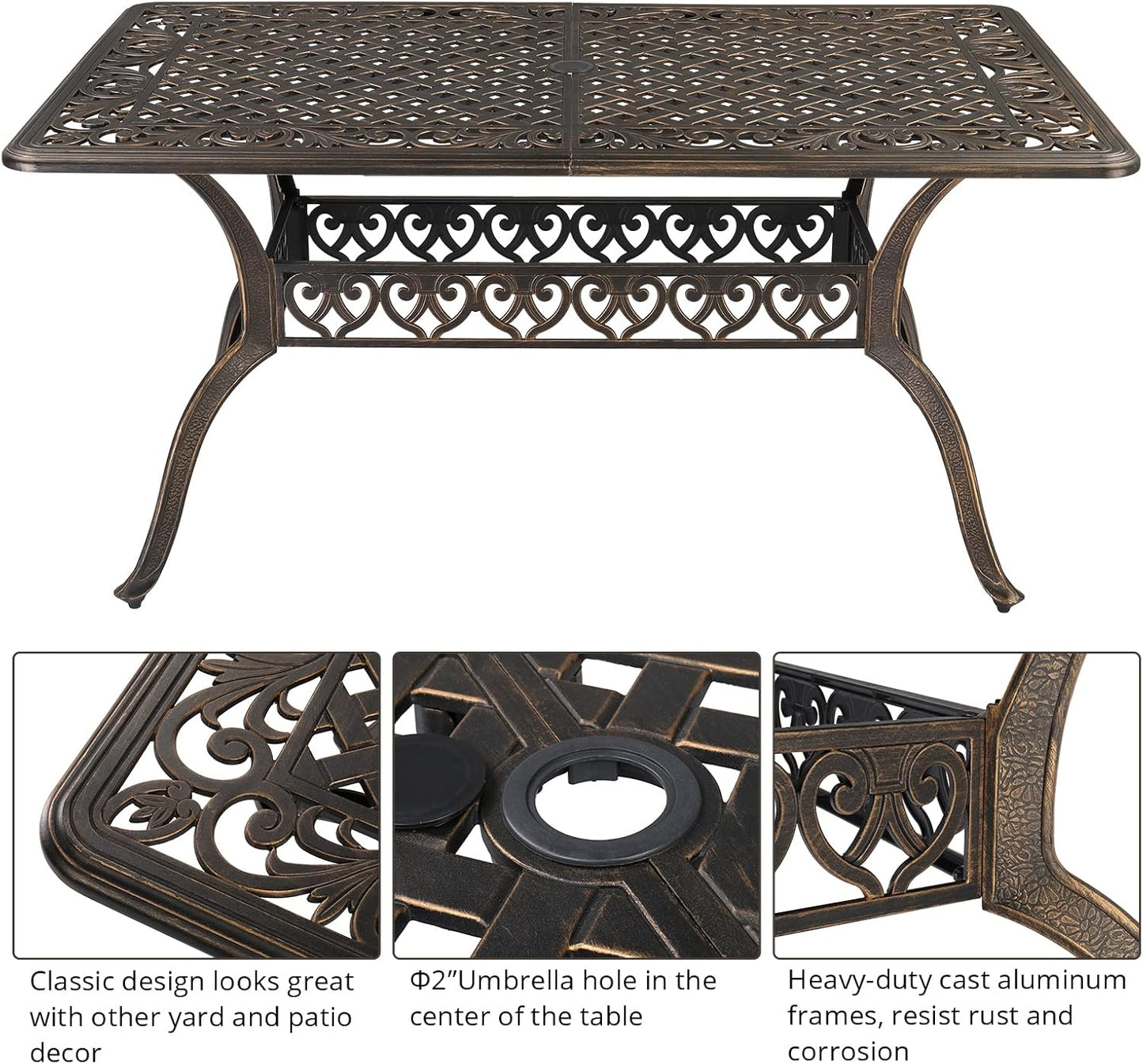 Outvita 59inch Patio Dinning Set, Outdoor Cast Aluminum Large Rectangle Table with Umbrella Hole and 6 Pieces Dining Chairs with Cushion for Backyard Pool Balcony Deck