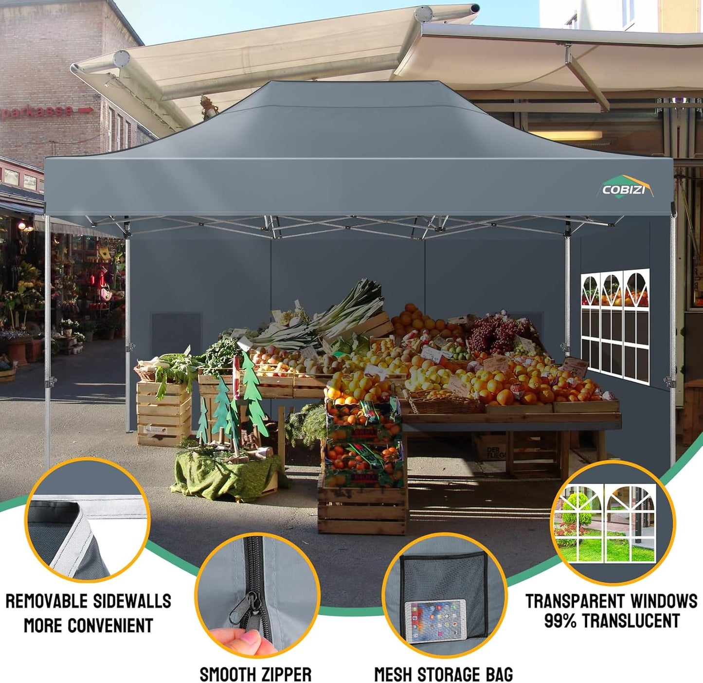 COBIZI 10x15 Pop up Canopy Heavy Duty Without Sidewalls, Easy Set-up Commercial Outdoor Party Canopy, 100% Waterproof Wedding Gazebo, 3 Height Adjustable with Handbag, Gray