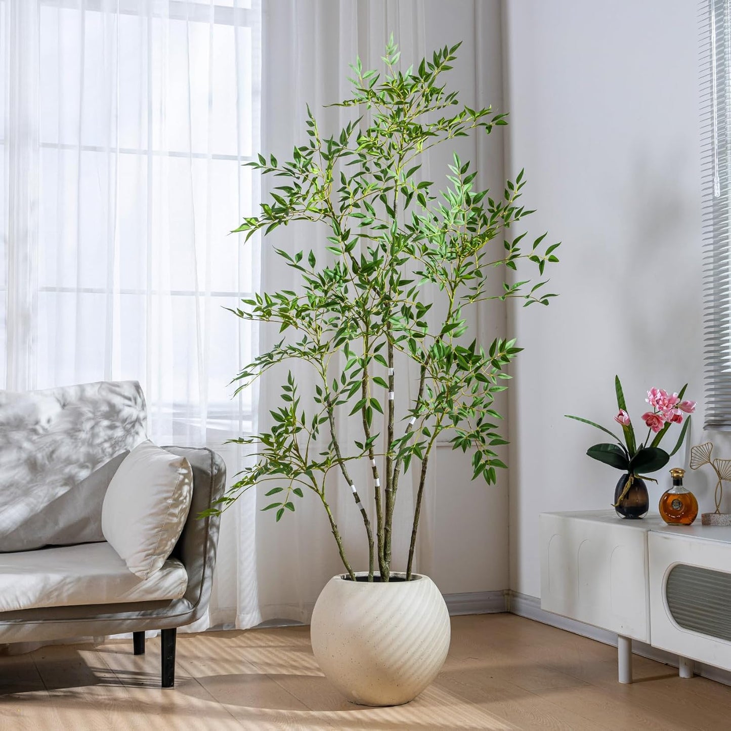 6ft Faux Bamboo Tree Artificial Nandina Tree Artificial Indoor Plants Realistic Fake Potted Tree with 800+ Leaves, Cement Planter - Home Office Decor Perfect for Housewarming Gift Non-Toxic