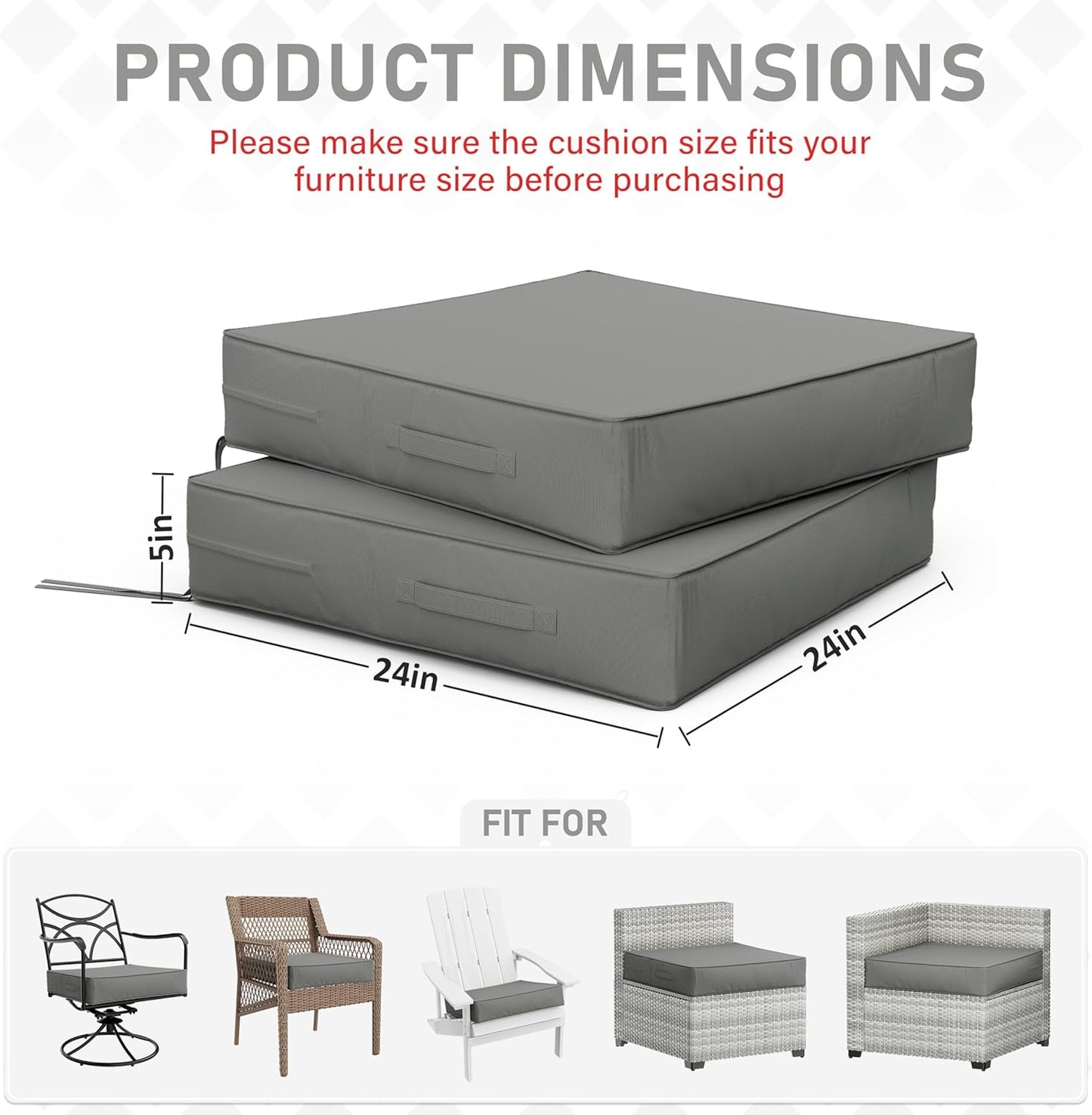 Patio Chair Cushions 24 X 24 X 5 Inch Waterproof Outdoor Seat Cushions for Patio Furniture, Outdoor Sofa Couch Pads with Ties & Handle, Set of 2, Light Grey