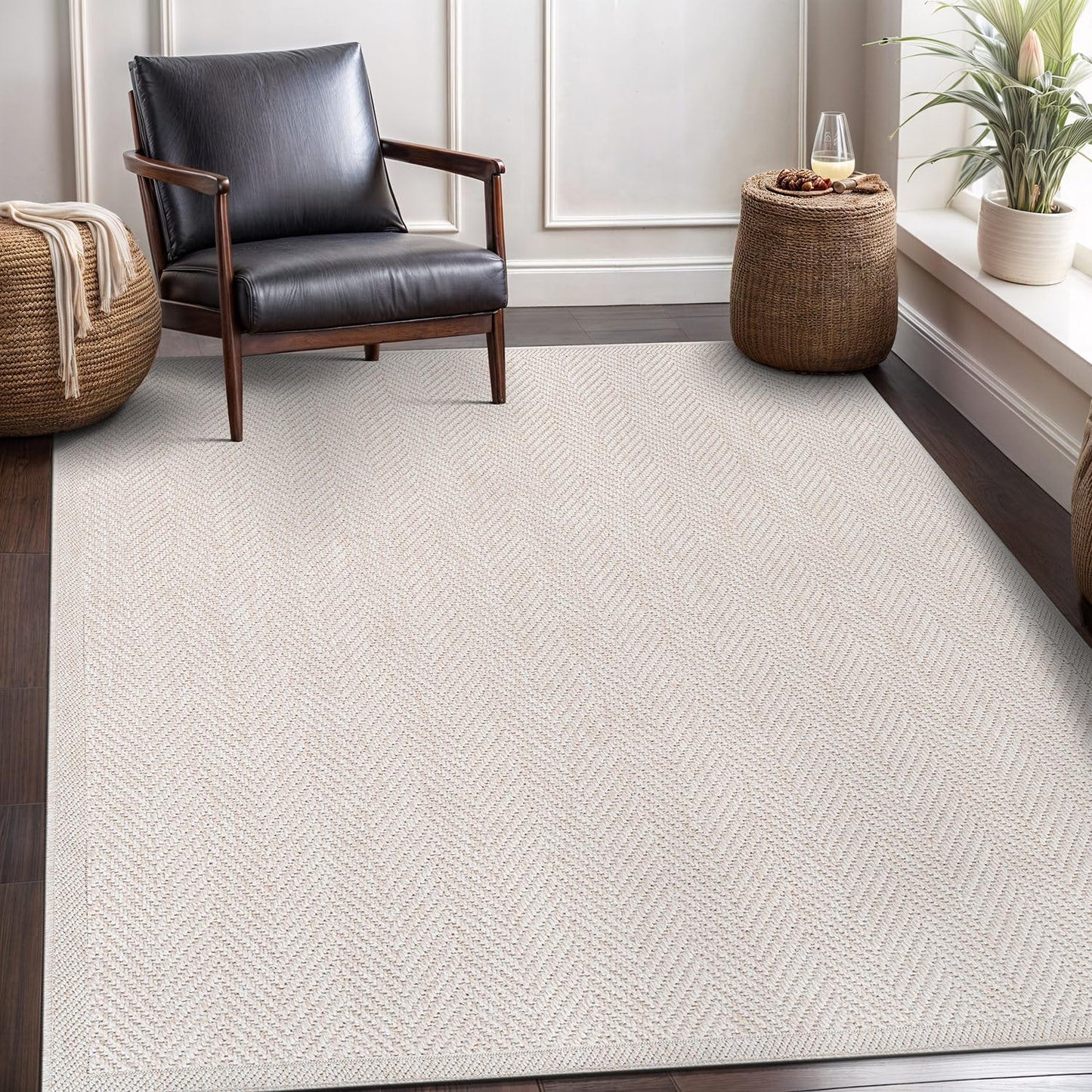 CAMILSON Easy Jute Rug 5x7, Indoor Outdoor Off-White Color Fiber Area Rugs for Living Room Patio and Kitchen Rug Herringbone Seagrass Woven Design Easy-Cleaning Washable Outside Carpet Alfombras 5 x 7