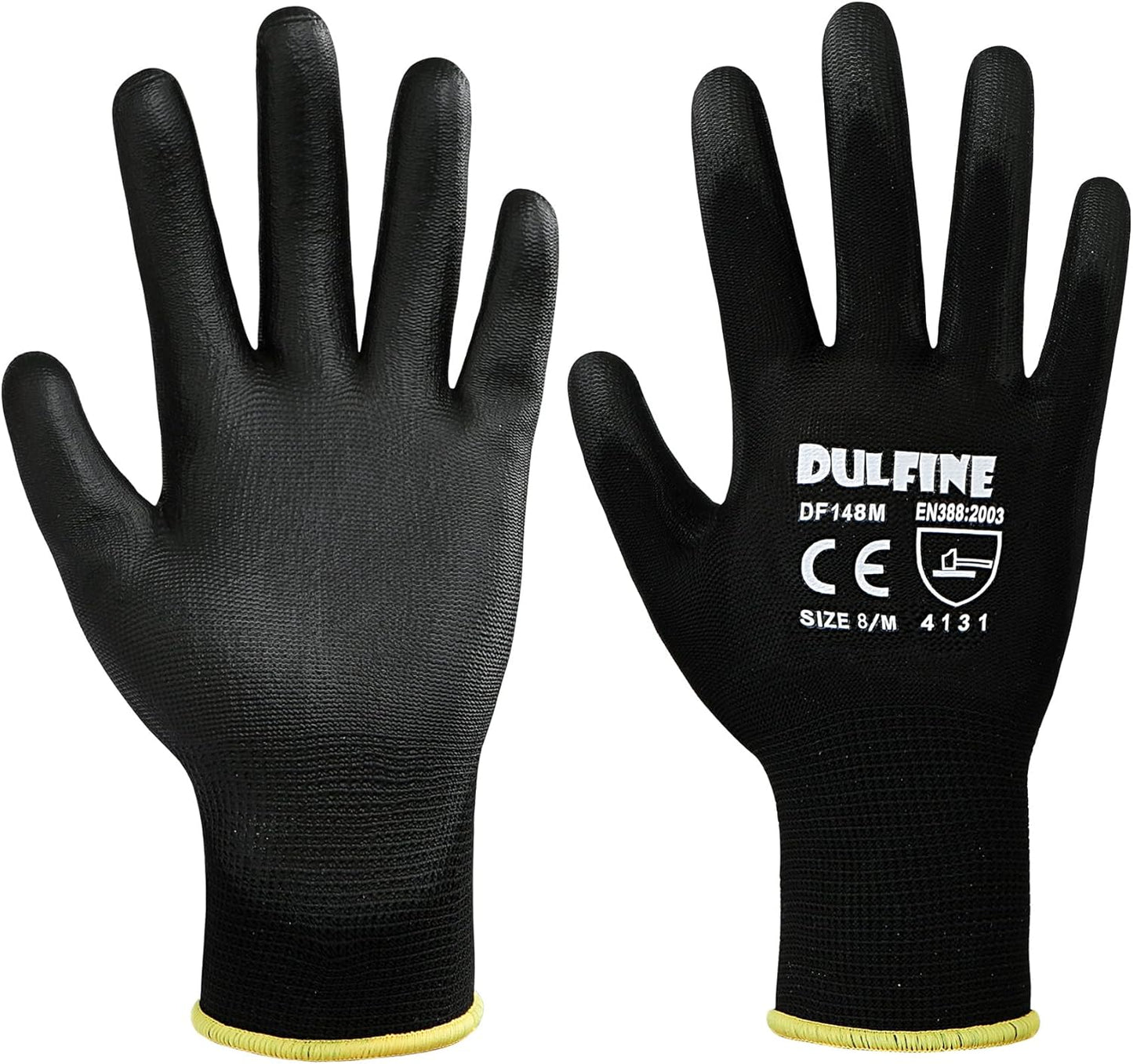 DULFINE Ultra-Thin PU Coated Work Gloves-12 Pairs,Excellent Grip,Nylon Shell Black Polyurethane Coated Safety Work Gloves, Knit Wrist Cuff,Ideal for Light Duty Work. (Small)
