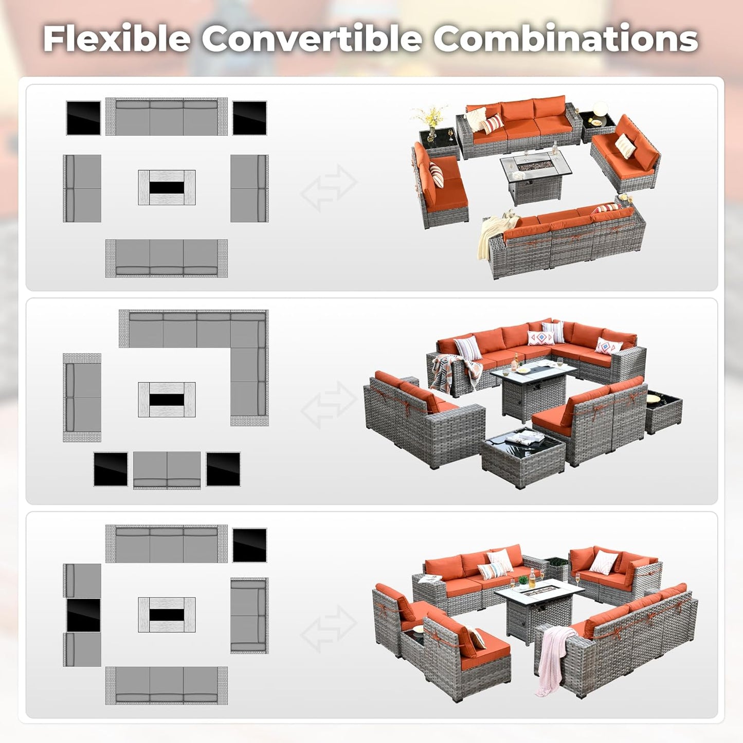 ovios 13 Pieces Patio Furniture Set, Outdoor Wicker Sectional Sofa with 42 Inch Fire Pit Table Comfy Cushions, Modern Modular Deep Seat Rattan Couch Conversation Set, Orange Red