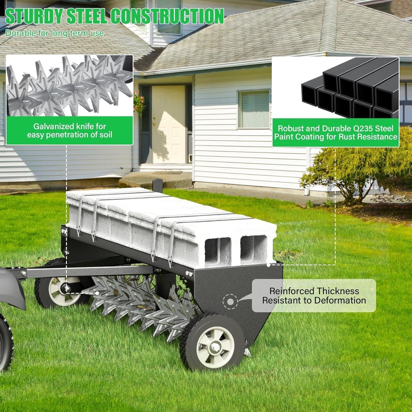 Doniks 40-Inch Tow Behind Plug Aerator with Transport Wheels, Lawn Aerator Tow Behind with Galvanised Steel Tines and Extra-Wide Tow Bar, Pull Behind Aerator for Gardens, Lawns, Farms