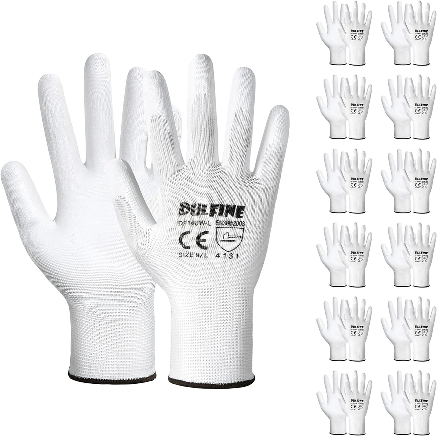 DULFINE Safety Work Gloves PU Coated-12 Pairs,White Seamless Knit Glove with Polyurethane Coated Smooth Grip on Palm & Fingers, for Men and Women, Ideal for General Duty Work (Large)