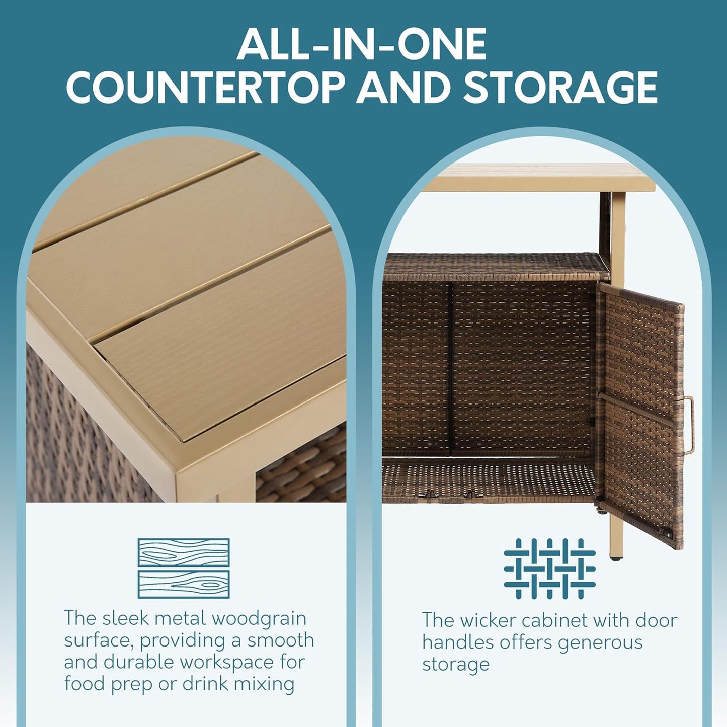 Outdoor Indoor Storage Cabinet with Rolling Wheels, Patio Serving Cart with Bar Table and Wicker Cabinet, Kitchen Island Prep Table, Beige