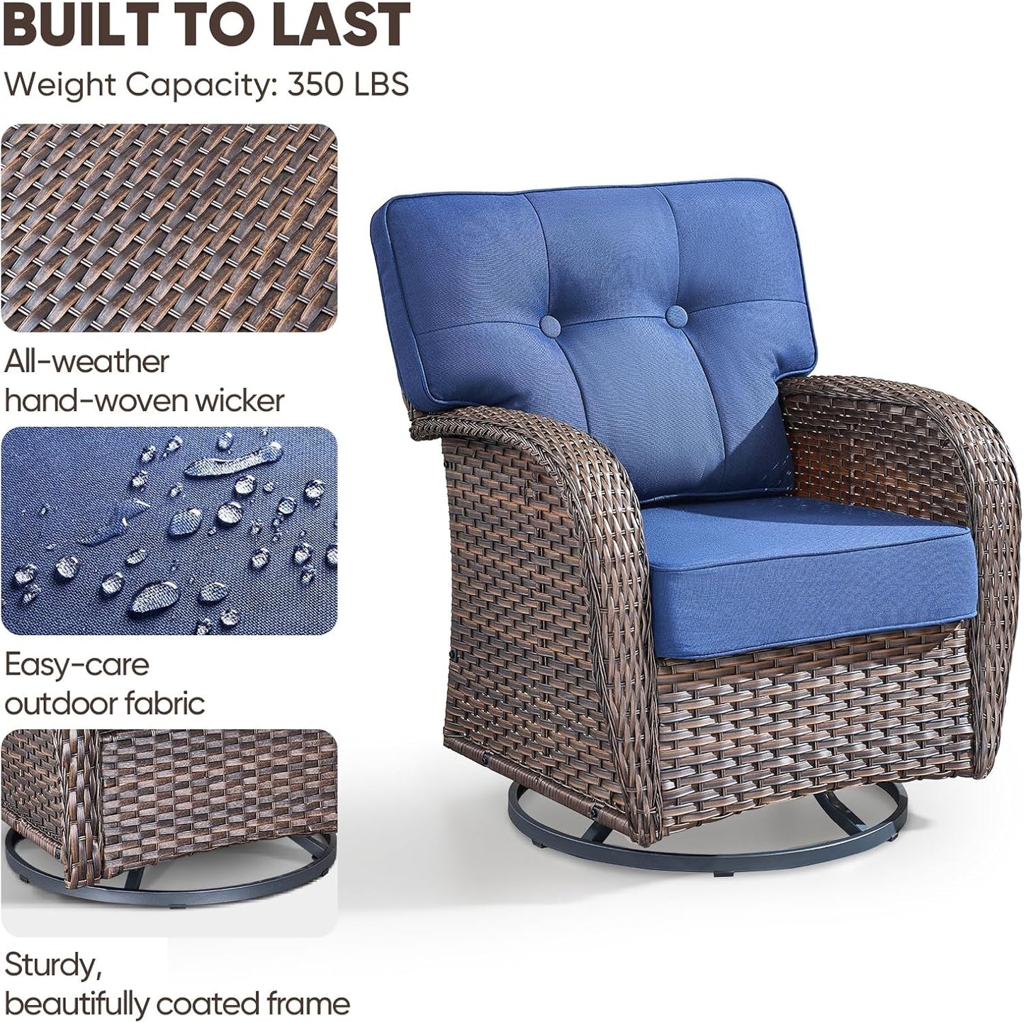 6-Piece Rotating Balcony Chair Set with 31-inch T-Shaped Wide backrest - Rattan Outdoor Rotating Balcony Chairs, Wide backrest Comfortable Outdoor Sliding Chair - Brown | Blue