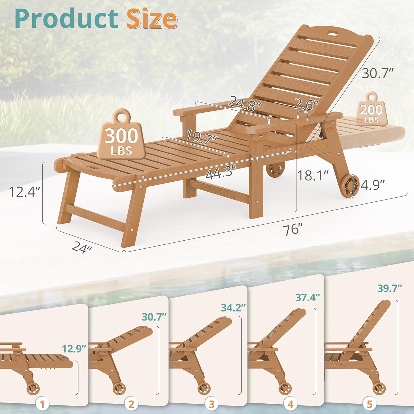 LUE BONA Chaise Lounge Chairs Set with Table, 6-Piece, HDPS Chaise Lounger, 5 Positions Adjustable Lounge Chairs, Pool Lounge Chair with Wheels for Poolside, 3 Year Warranty, Teak Color