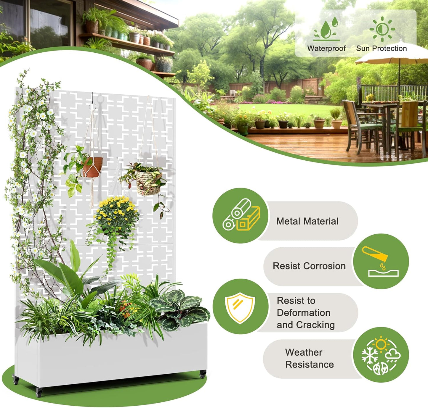 FENCY Metal Raised Garden Bed with Wheels and Trellis,73"x47"x16" Planter Box for Climbing Plants, Vegetables & Vines, Features Privacy Screen and Drainage Holes (White-Square)