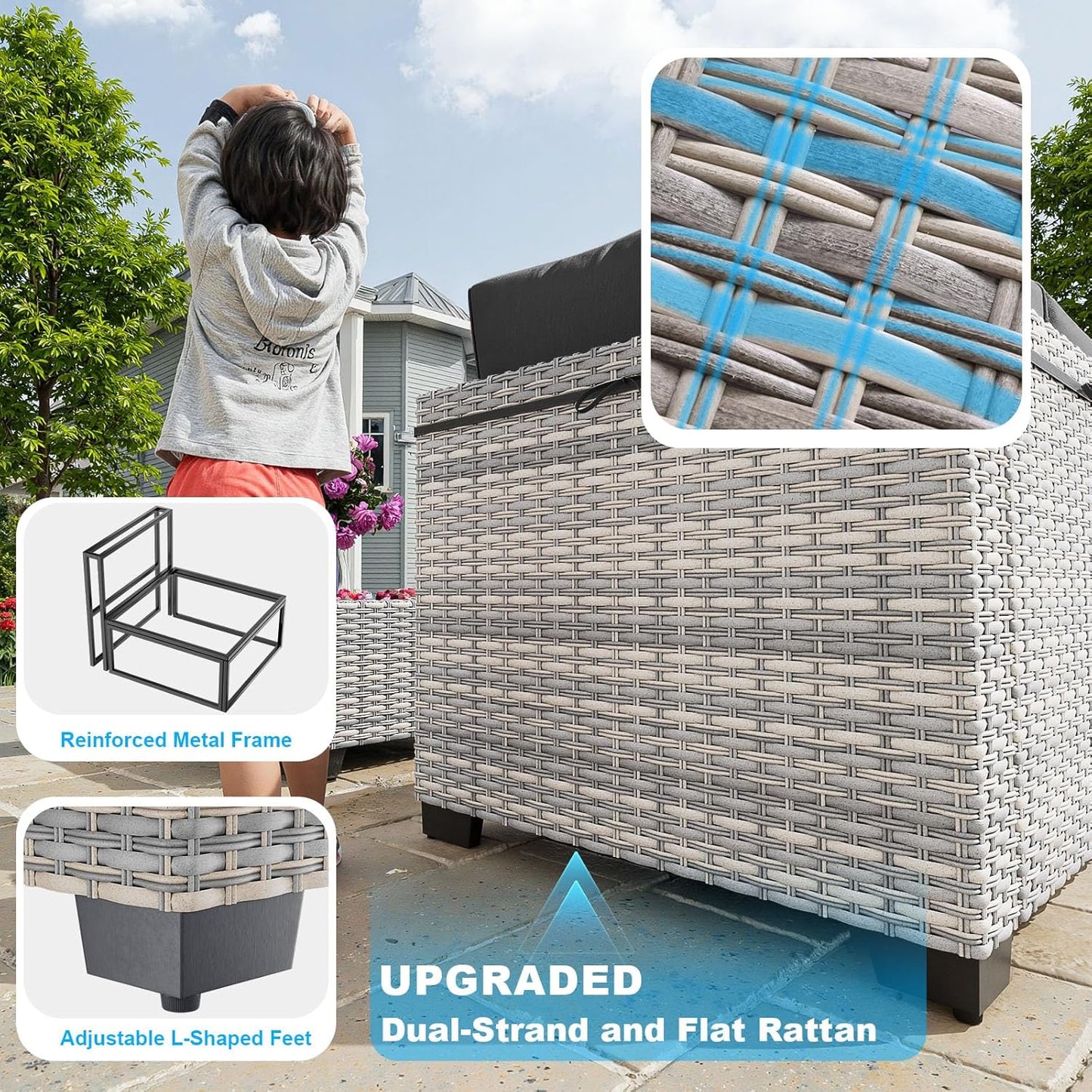 9-Piece Patio Furniture Set, Outdoor with Ottomans, Modular Patio Sofa, Dual-Strand Wicker Rattan, Rust-Resistant Frame, Backyard Furniture for Garden, Deck, Black