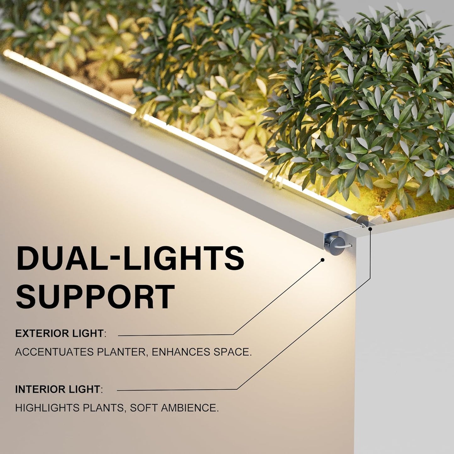GSK Tall Illuminate Decor 30" H×10" W×37.9" L White Metal Planter Box LED Strips×2 Lighting Vibe Indoor Garden Flower Divider Plants Outdoor Separation Modern Succulent Balcony Houseplants
