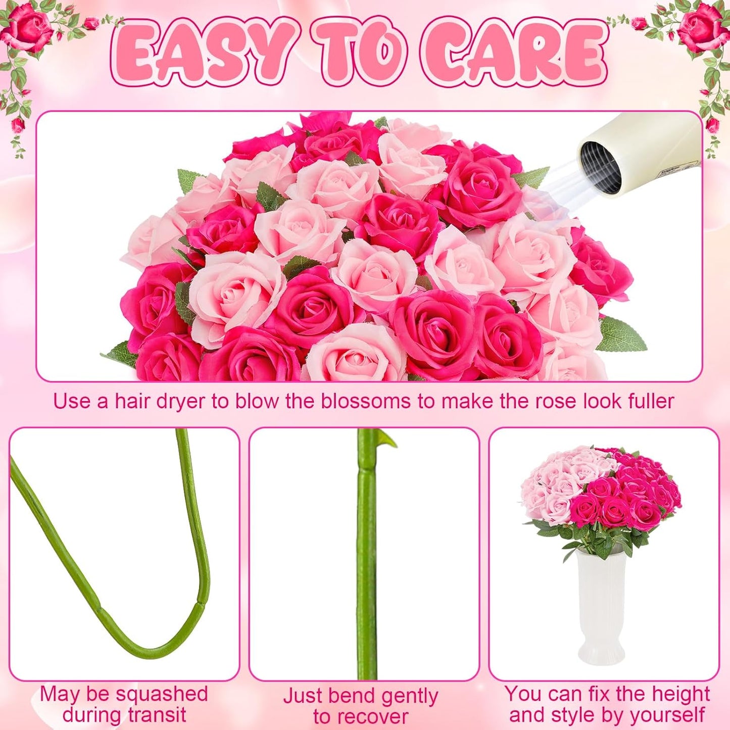 36 Pcs Pink, Hot Pink Artificial Roses with Long Stems, Fake Silk Rose Artificial Flowers Bulk for Bridal Wedding Bouquet Centerpiece Ball Arrangement Party Decor