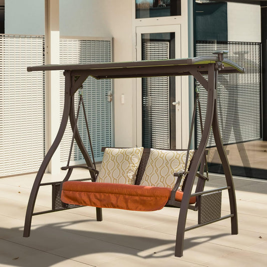 Domi Porch Outdoor Patio Swing with Adjustable Hardtop Polycarbonate Canopy, 2-seat Swing Chair Bench with Solar LED Light for Backyard Yard Poolside Porch Lawn, Cushion and Pillows Included