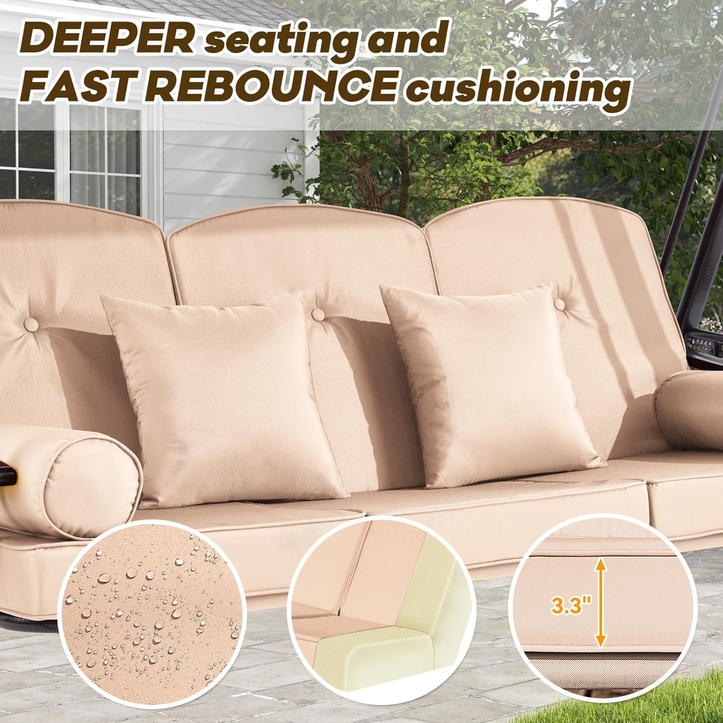 3 in 1 Outdoor Porch Swing with Adjustable Canopy, 3 Seat Outdoor Swing for Adults, Patio Swing Chair with Thickened Cushions,Pillows & Cup Holders for Backyard, Porch, Garden(Khaki)