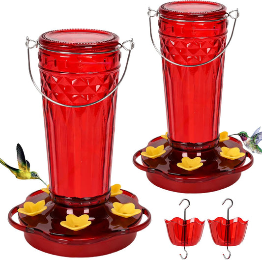 Hummingbird Feeder 2pack-14Ounces，5 Feeding Ports Glass Hummingbird feeders for Outdoors,Wide Mouth for Easy Filling/Cleaning，Hanging for Garden Backyard Decor, Includes Ant Moat (Red)