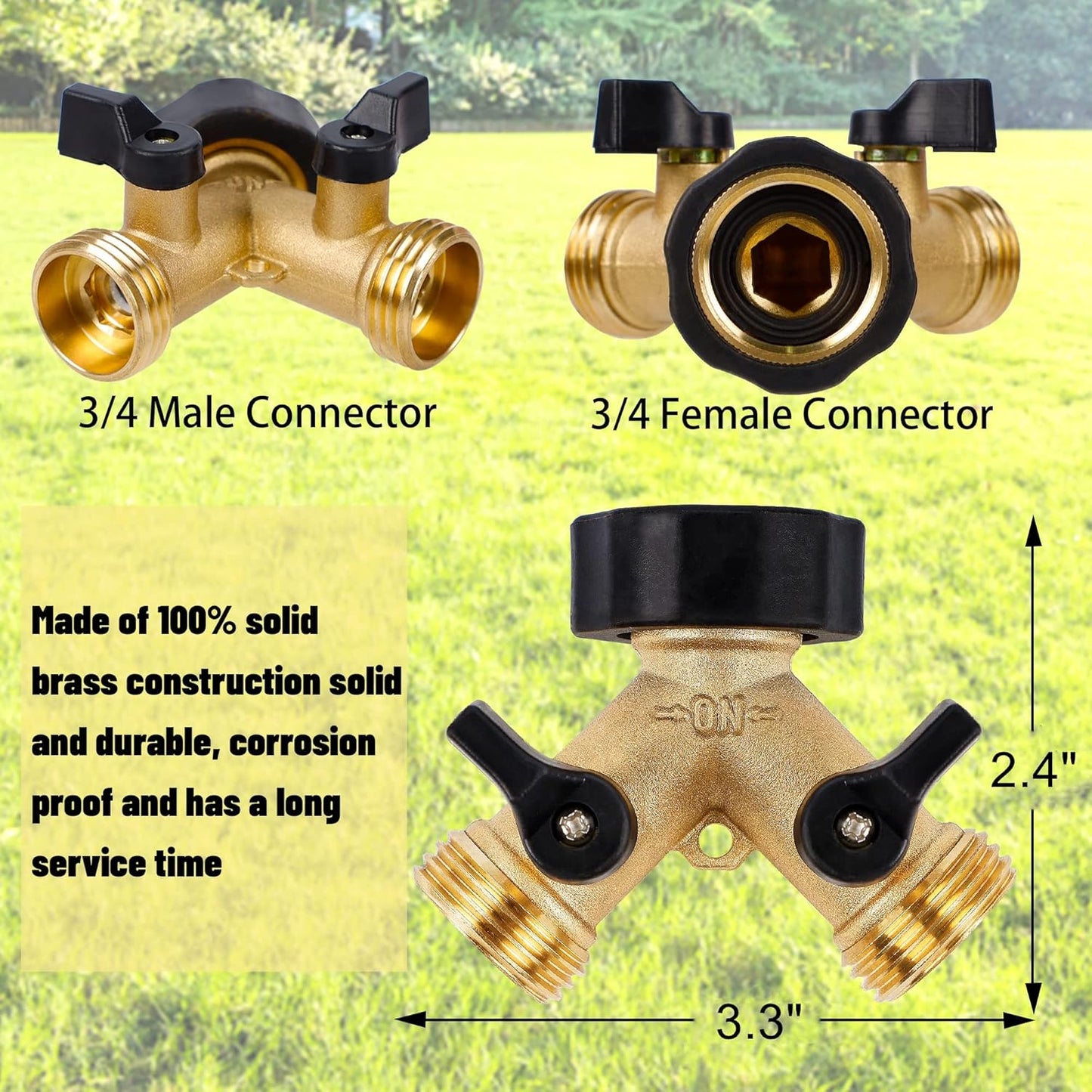 Biswing 2 Pack Garden Hose Splitter 2 Way, Heavy Duty Brass Connector Tap Splitter, Y Splitter 2 Valves with 4 Extra Rubber Washers